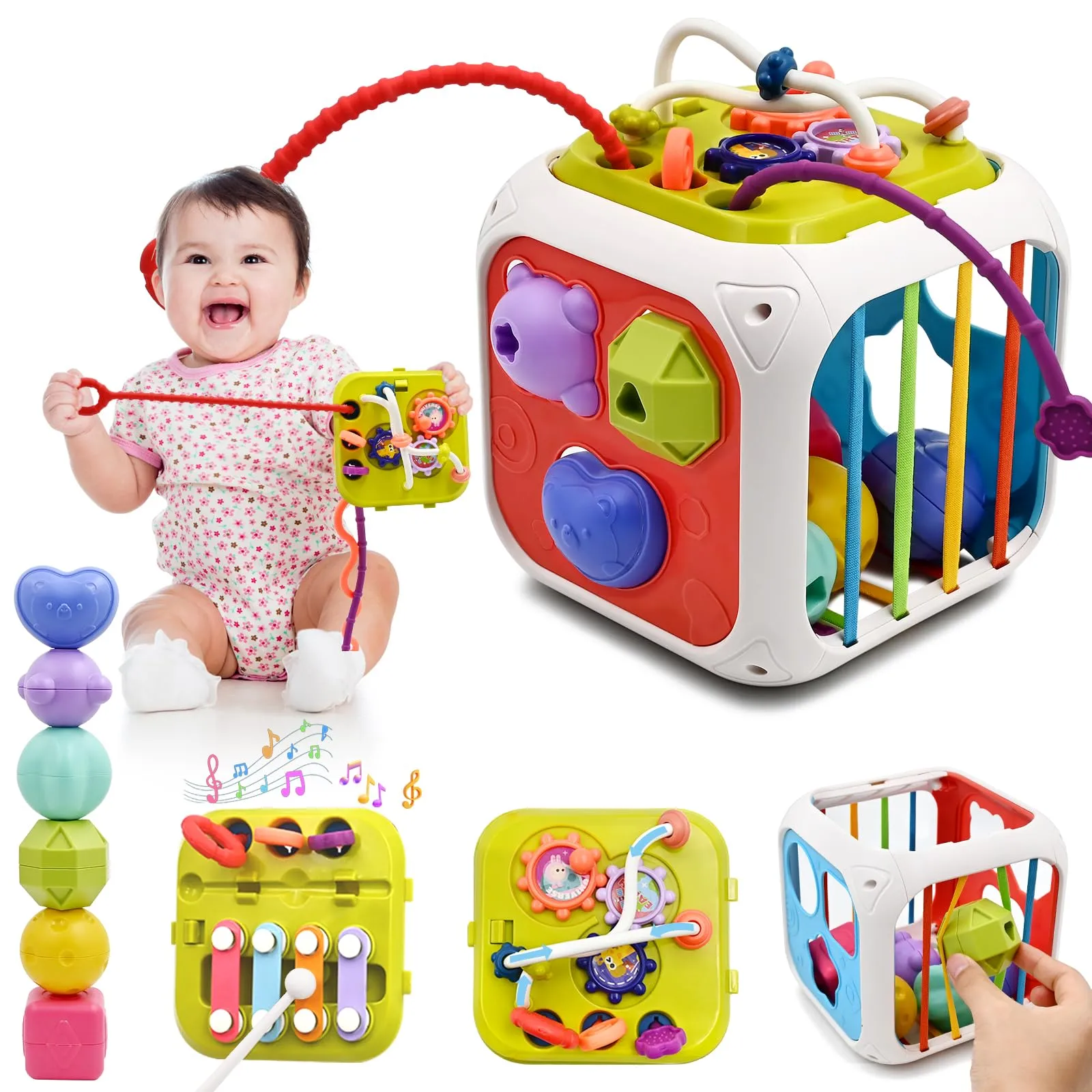Giochi Bambini 1 2 Anno, 7 in 1 Montessori Sensoriali Giocattoli 6 9 18 Mesi Educativi Cubo di Attività Selezionatore di Forme, Motor Skill Development Compleanno Regalo