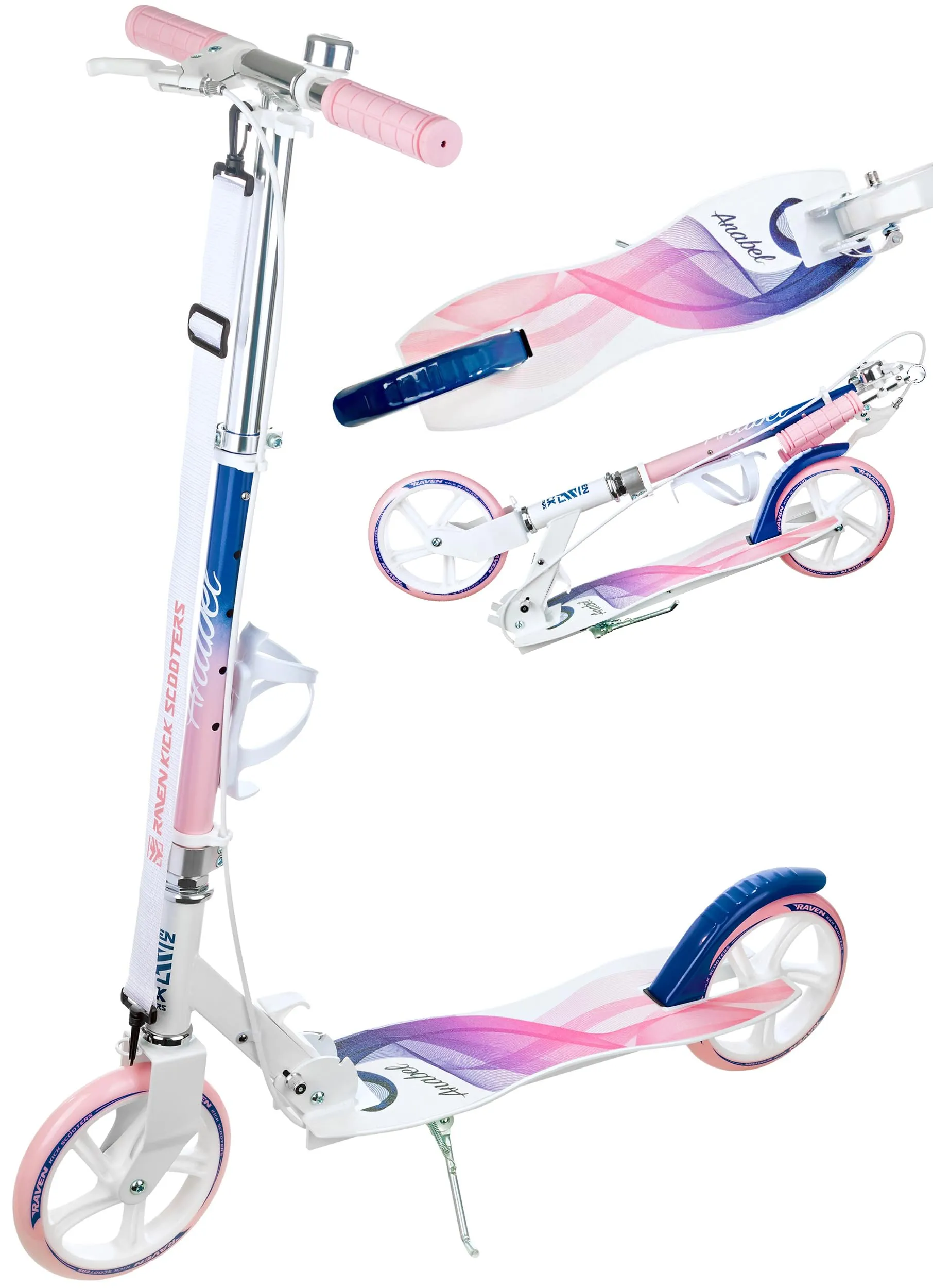 Raven - Monopattino per bambini, adulti - Scooter - Monopattino freestyle - Pieghevole, regolabile, tracolla per il trasporto, campanello - Estelle PRO Black con Freno a Mano, ruote da 200 mm