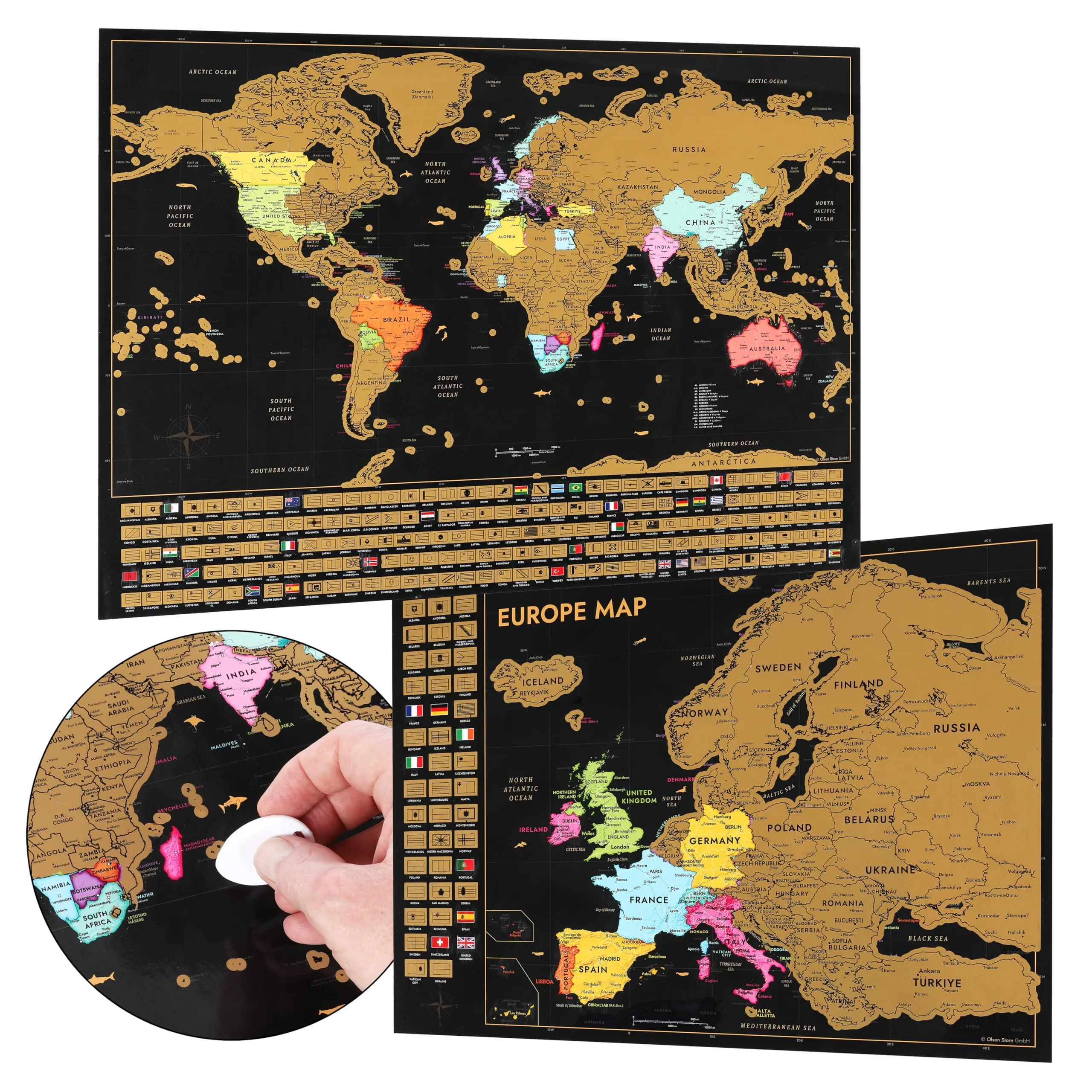 Mappa del mondo da grattare con mappa dell'Europa - mappa come poster da parete da appuntare - regalo per viaggiatori e vacanzieri - Mappa da grattare 61 x 43 cm