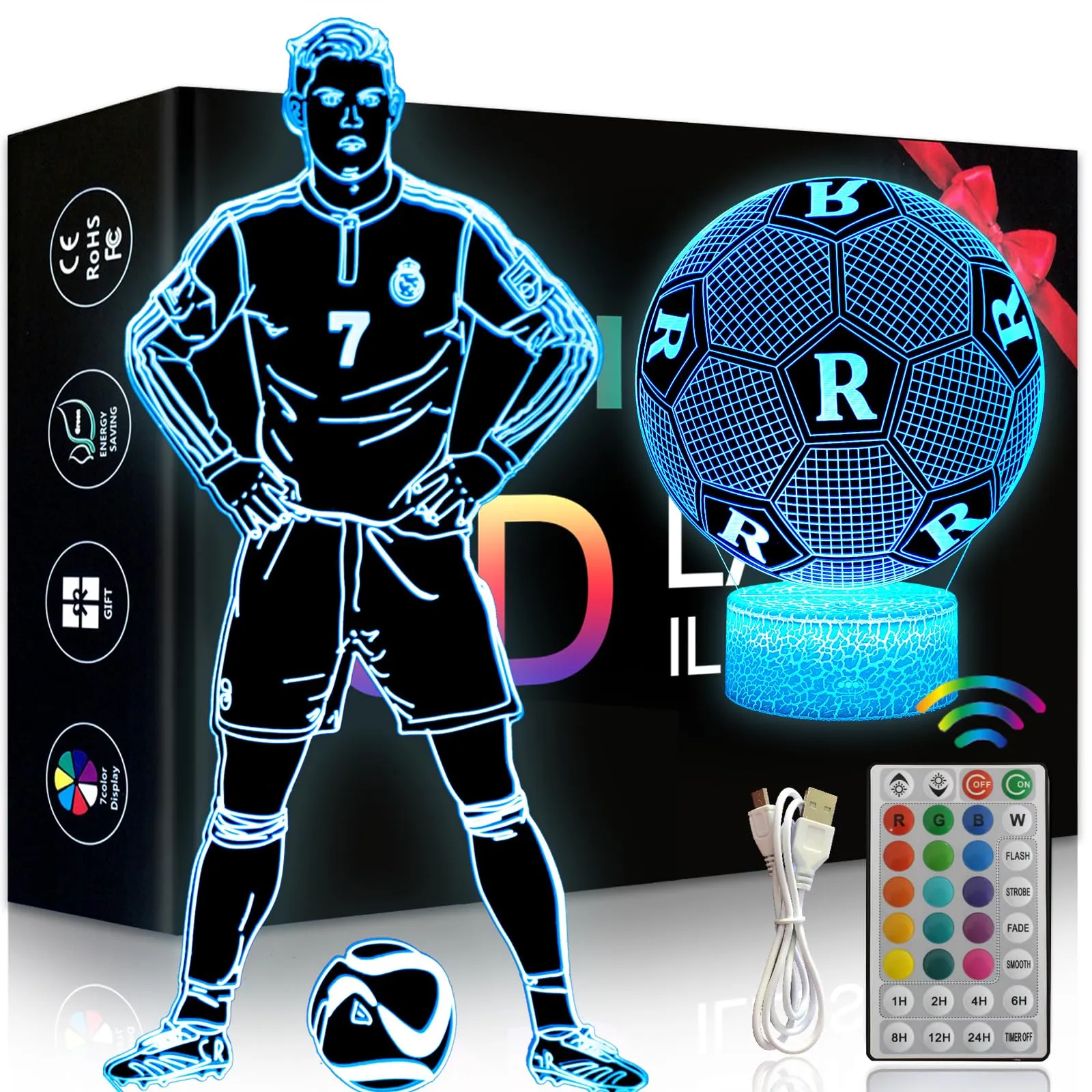 2 Pezzi Napoli Calcio Luce Notturna Bambini, Regalo de Calcio per Bambini 2 3 4 5 6 -12 anni, Calcio Lampade 3D Illusione Lamp con 16 Cambi di Colore, Regali di Natale Compleanno per Ragazza, Ragazzo