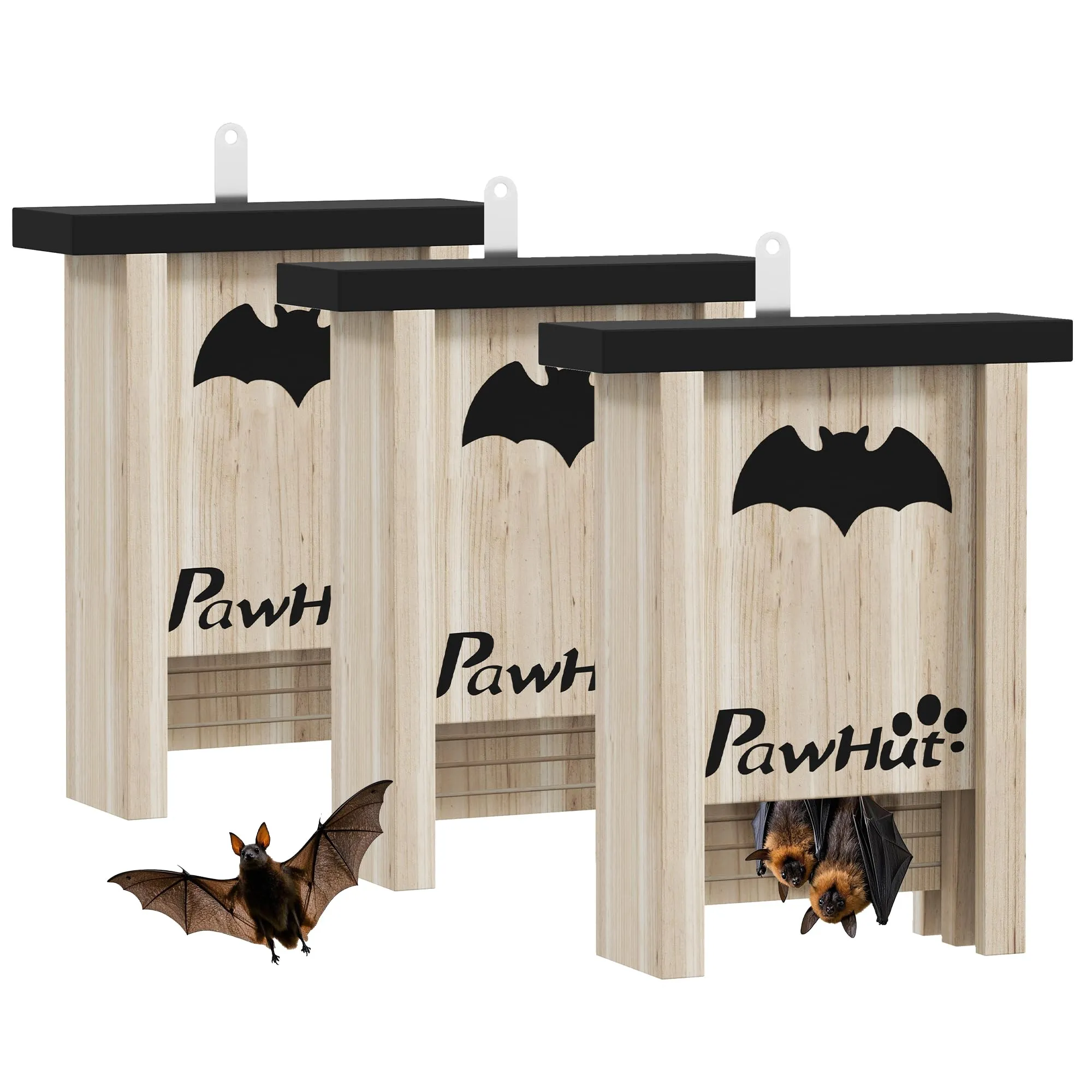 PawHut Set di 3 Casette per Pipistrelli in Legno di Abete, Rifugio per Pipistrellini per Giardino ed Esterni, Bat Box Facile da Appendere, 18x6x22.5 cm, Legno Naturale