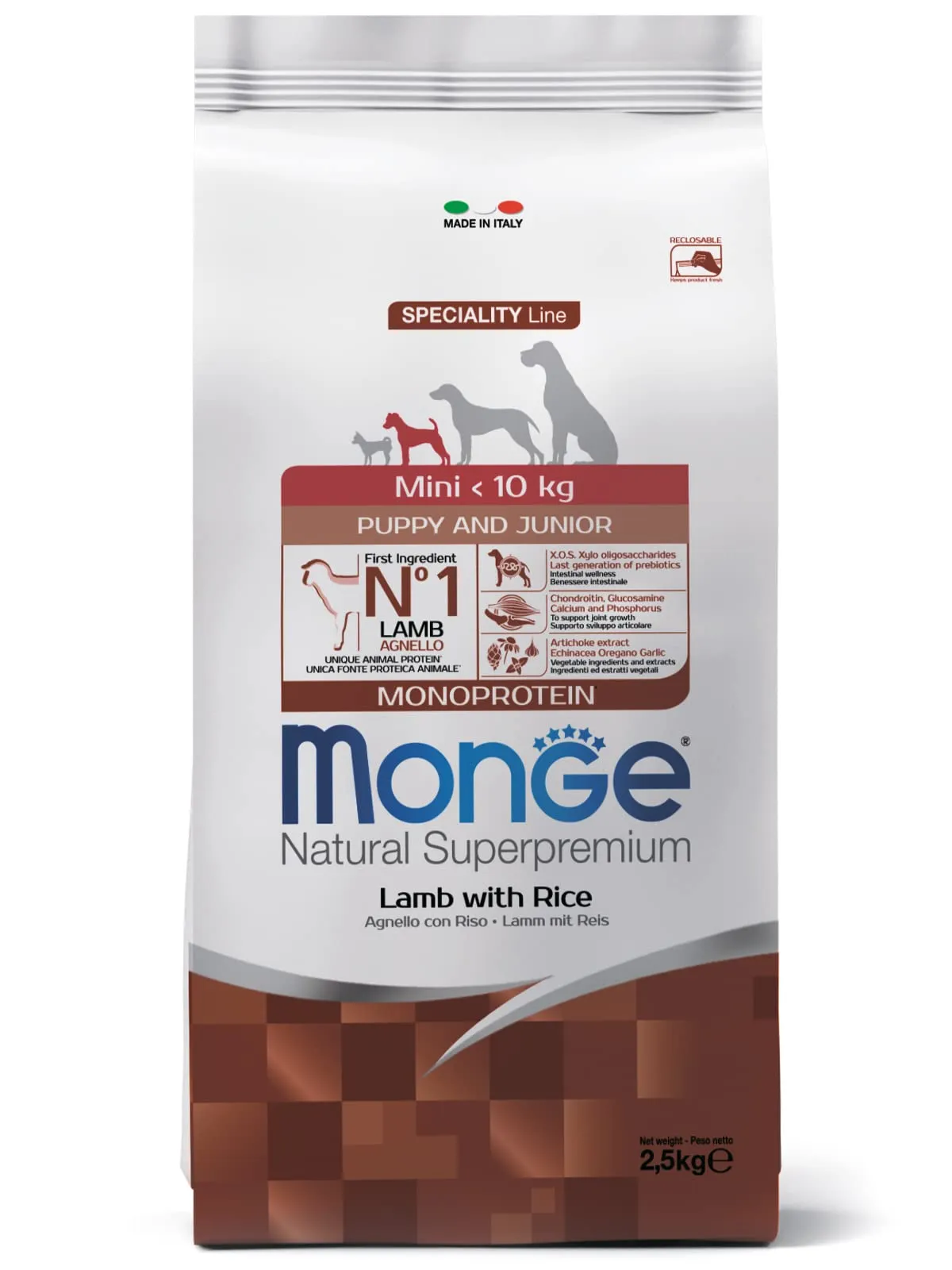 Monge Natural Superpremium PUPPY AND JUNIOR LAMB AND RICE, cibo per cani per tutte le razze (cibo per cuccioli, cibo secco per cani con agnello e riso, molto ricco di fibre e vitamine, 7,5 kg)