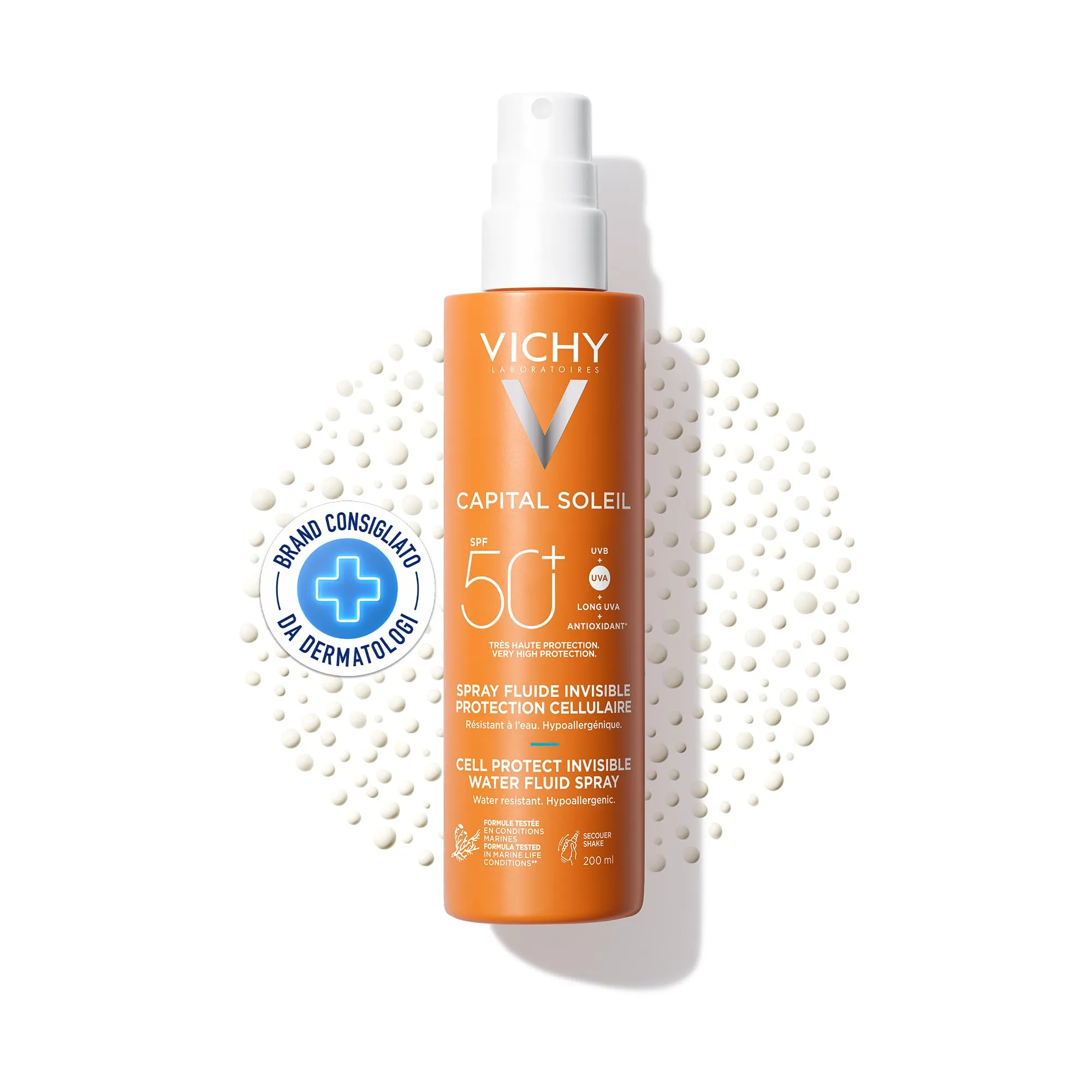 Vichy Capital Soleil, Cell Protect Fluido Ultraleggero Spray SPF 50+, Per Tutti i Tipi di Pelle, Contro i Danni del Sole a Livello Cellulare, Con Acido Ialuronico, Probiotici e Acqua Vulcanica, 200 ml
