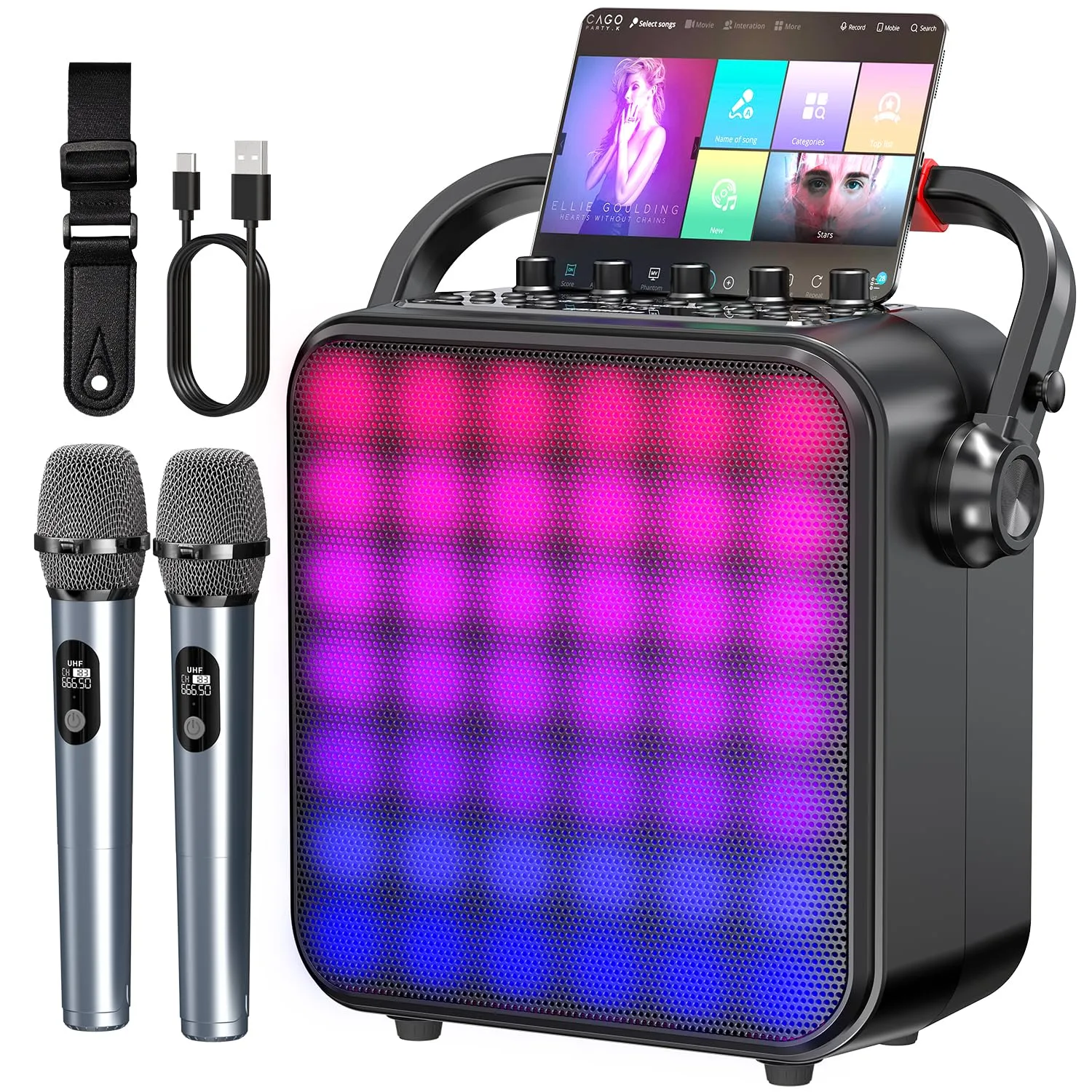 Karaoke Machine 2 microfoni wireless, altoparlante Bluetooth portatile w/sistema PA per adulti e bambini con luci LED, regolazione bassi/alti, supporta scheda REC/TWS/FM/AUX/USB/IF per casa, feste