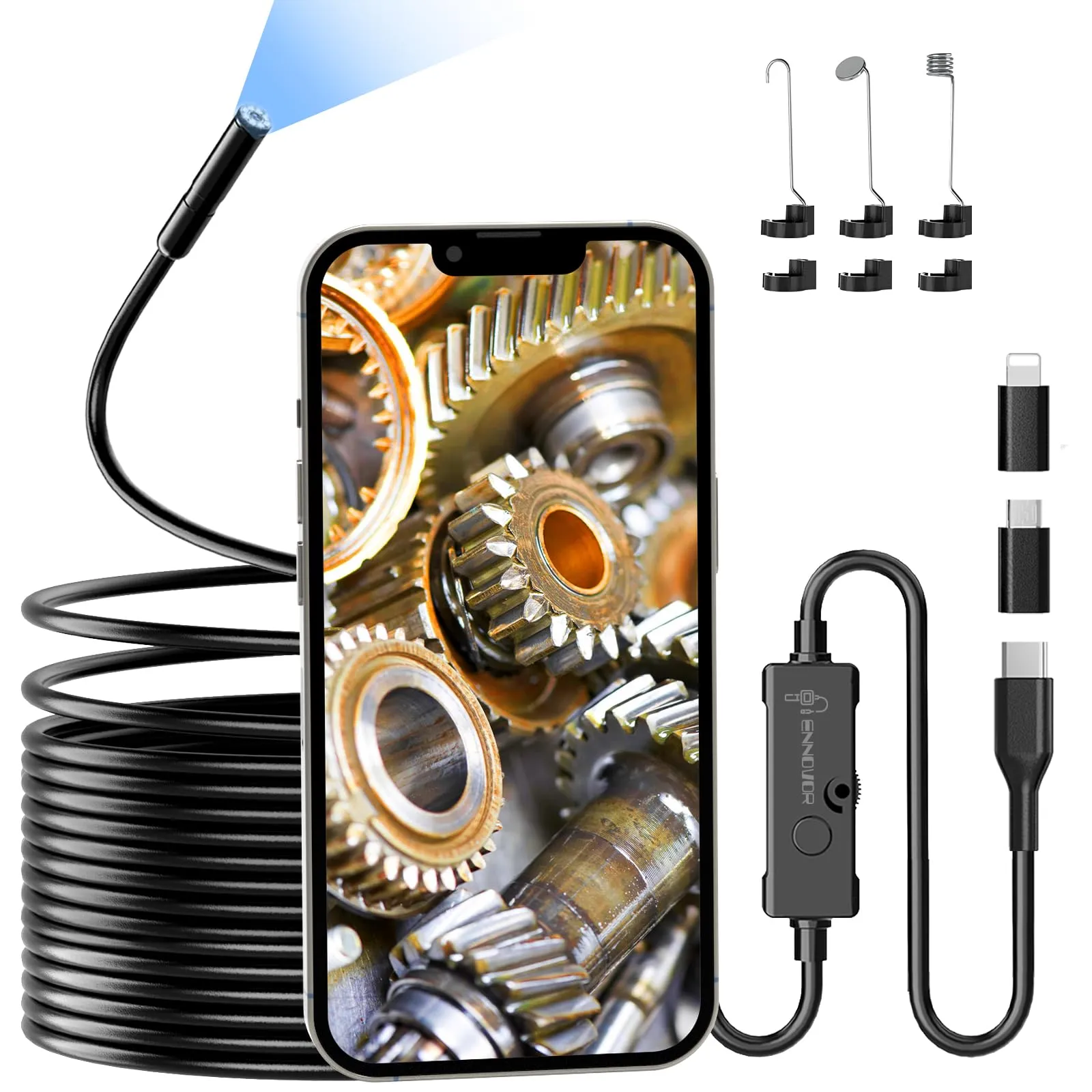 Endoscopio per Smartphone ENNOVOR, 1920P HD Sonda Telecamera, Telecamera Endoscopica con 8 LED, IP67 Impermeabile Telecamera Ispezione Tubi senza WiFi con Cavo Semirigido da 5 M, per Android e iOS