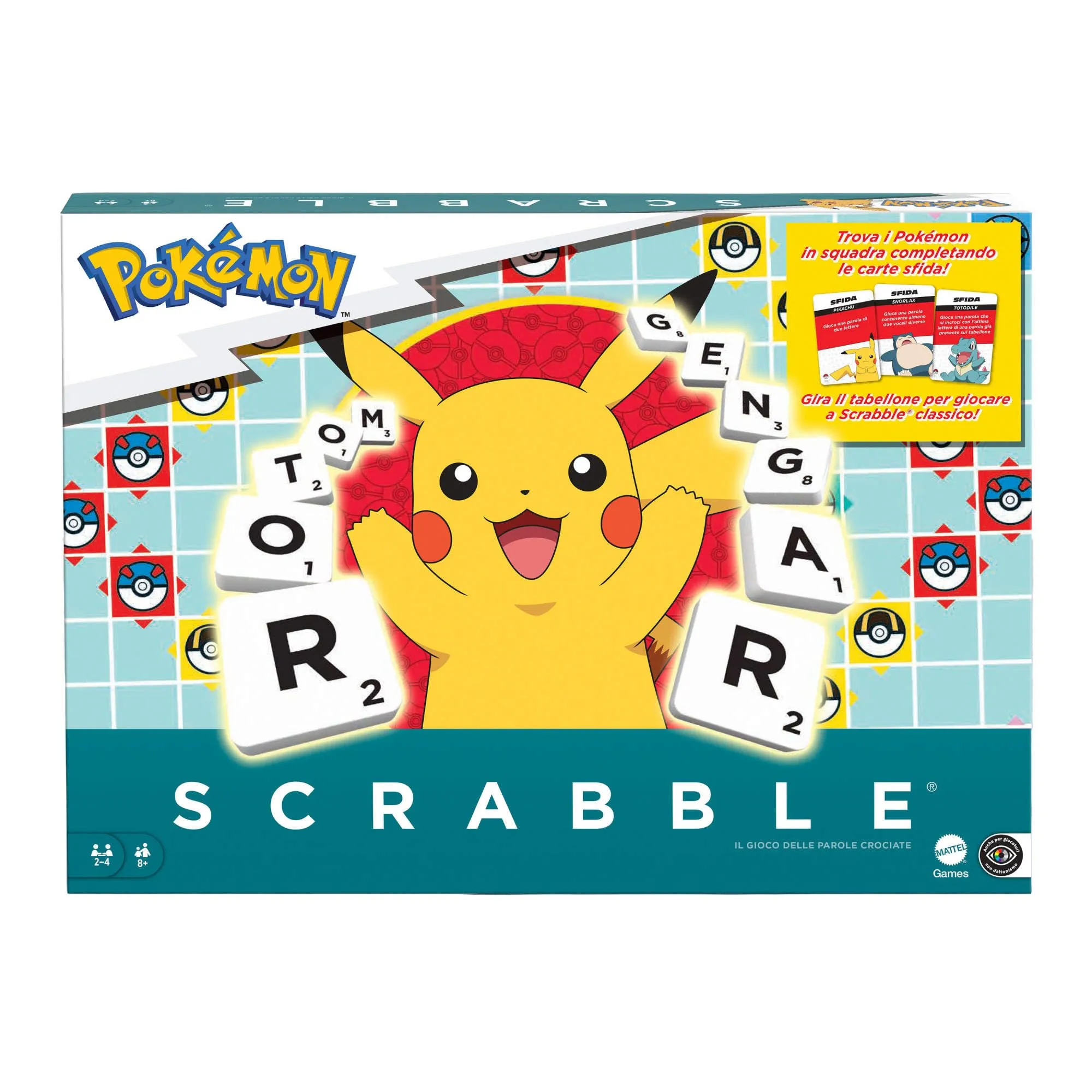 Mattel Games - Scrabble Pokémon, il gioco da tavolo delle parole crociate con 50 sfide dei personaggi Pokémon, tabellone a due facce con due modalità di gioco, versione italiana, 8+ anni, HXT30