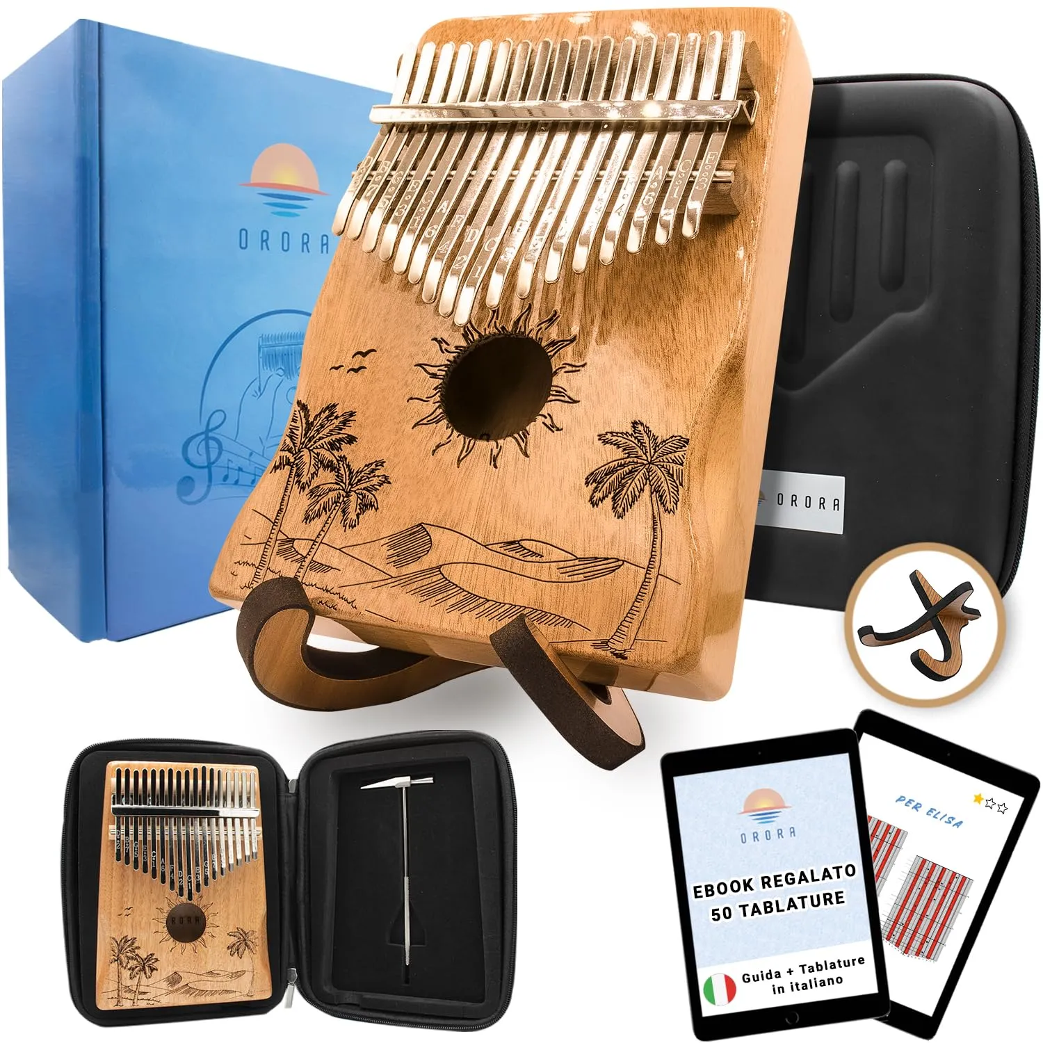 ORORA Kalimba 17 tasti pianoforte a pollice - Strumenti musicali per bambini e adulti - Ebook con 50 partiture incluso - Custodia e accessori per la manutenzione inclusi - Regalo originale