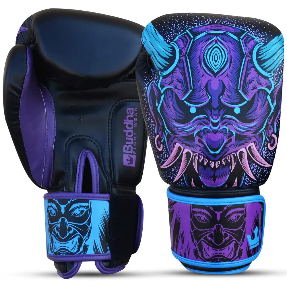 BUDDHA FIGHT WEAR - Guantoni da boxe Fantasy Luzbel - Muay Thai - Kick Boxing - Pelle sintetica di alta qualità - Tessuto interno resistente agli odori - Cuciture rinforzate - Colori blu - 10 Oz