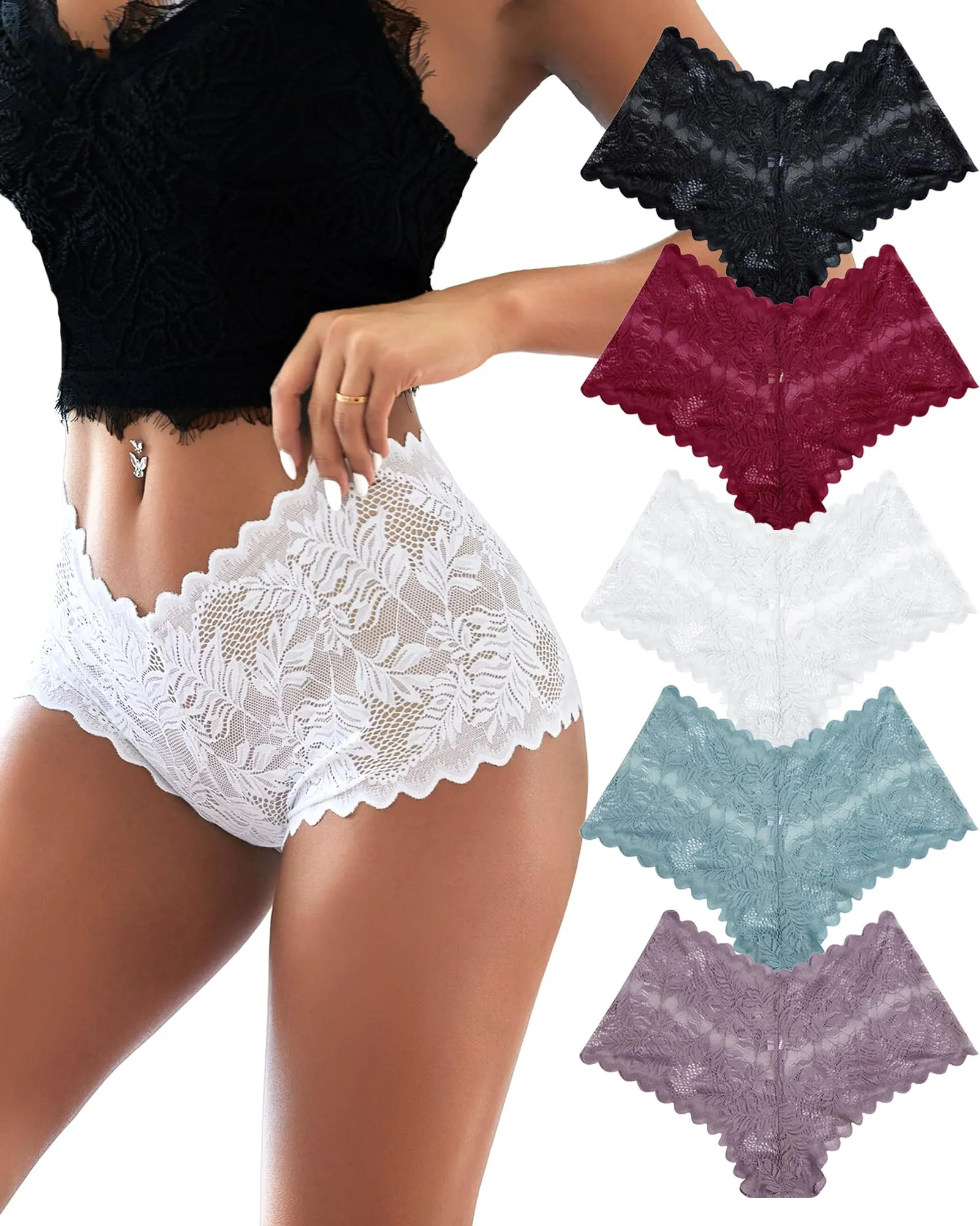 ALL OF ME Confezione da 5 Boxer da Donna in Pizzo Brasiliano, Sexy, in Pizzo Morbido, Lingerie da Donna, Taglie S-XL