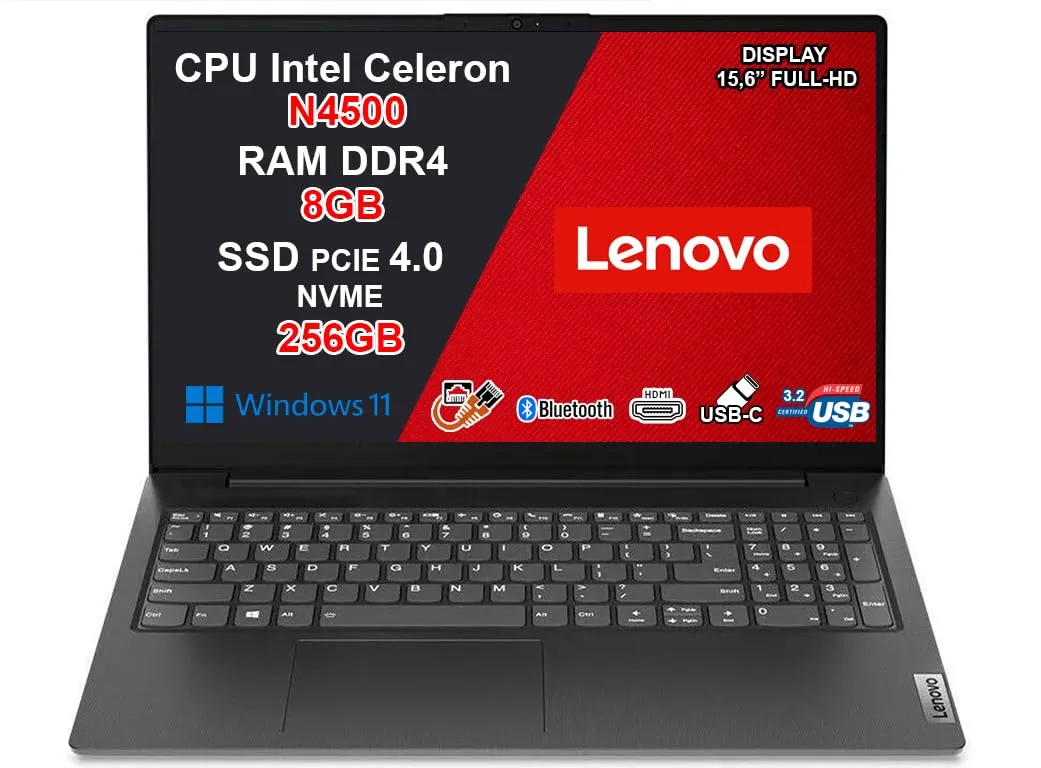 Lenovo Pc Notebook, Cpu Intel N4500, Ram 8Gb, Ssd 256Gb, Monitor 15.6" FullHD, Ingresso Lan, Hdmi, Usb Type-C, Win 11, Pronto all'uso,Mouse WiFi Omaggio,2 Anni Garanzia