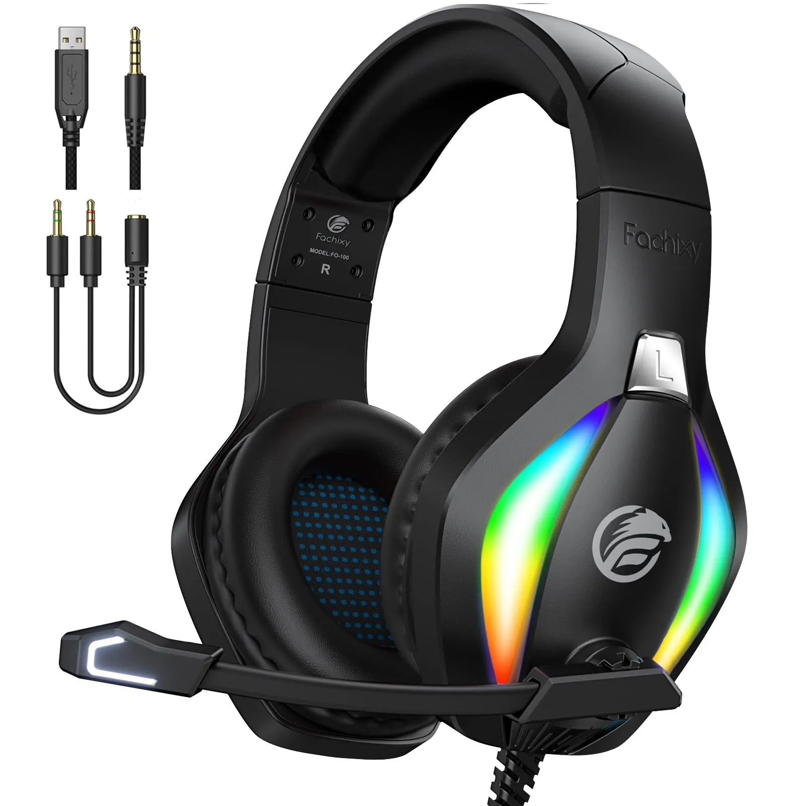 Fachixy FC100 Cuffie Gaming per PS4, PS5, PC, Xbox, Nintendo Switch, con Luce RGB, con Microfono, Audio Stereo, con Cancellazione Del Rumore con filo