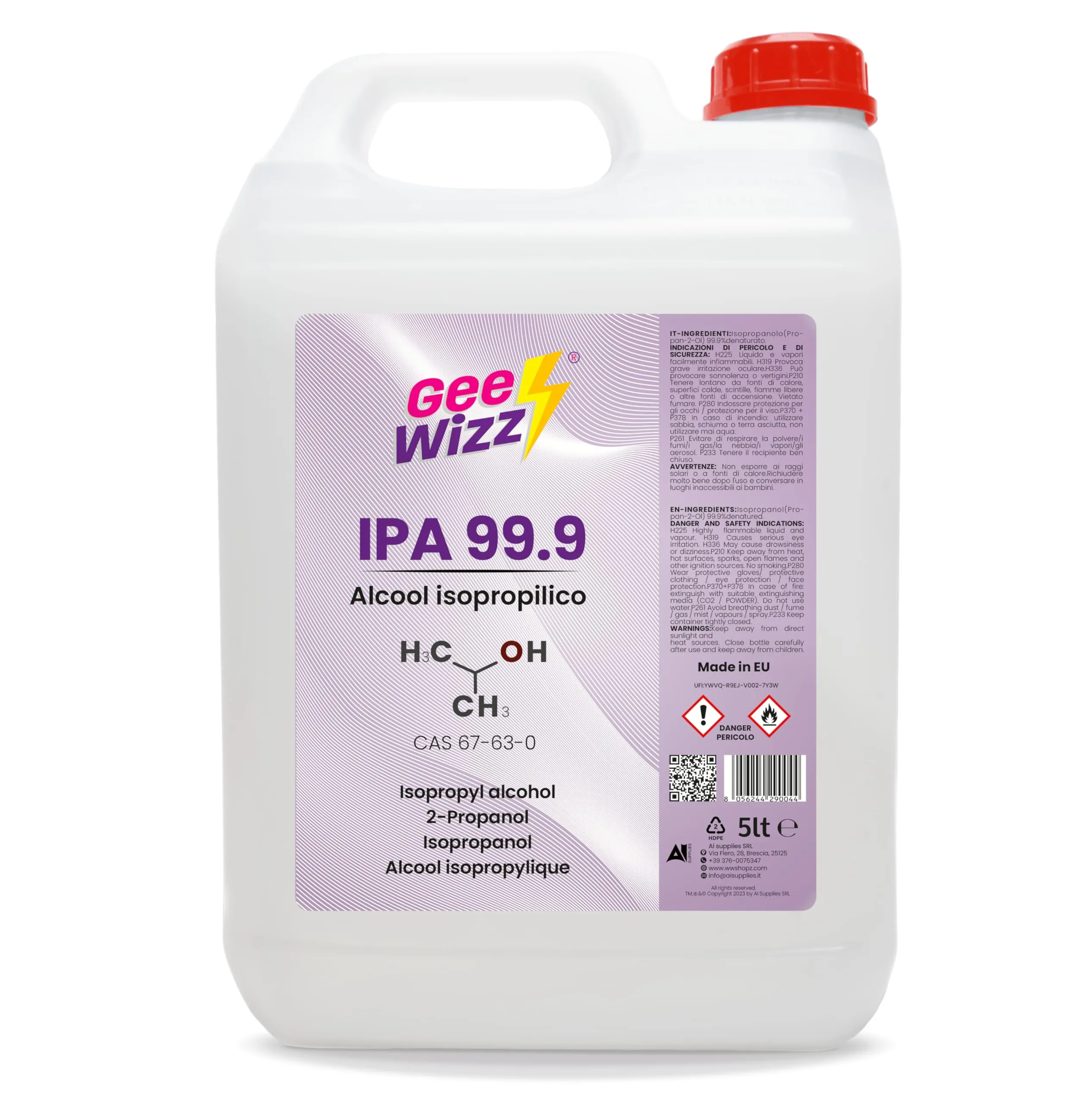 Gee-Wizz IPA 99,9 – Isopropanolo Alcol, Alcool Isopropilico Puro 5 L | Detergente Multiuso per Pulizia Elettronica, Casa e Ufficio, Stampa 3D | Prodotto Puro al 99,9% | Evaporazione Rapida