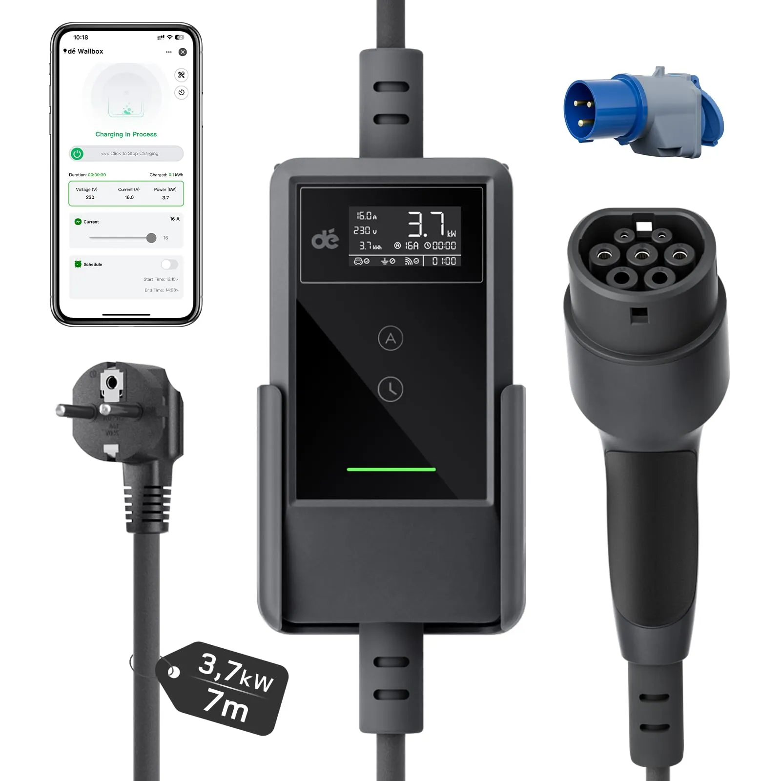 dé Carichino Auto Elettrica APP 3,7kW 7m 6–16A, Caricatore Auto Elettrica Portatile Tipo 2 Schuko con LCD, Cavo Ricarica Auto Elettrica, Colonnina Ricarica per Model 3/Y, 500e, e-208, altri EV/PHEV