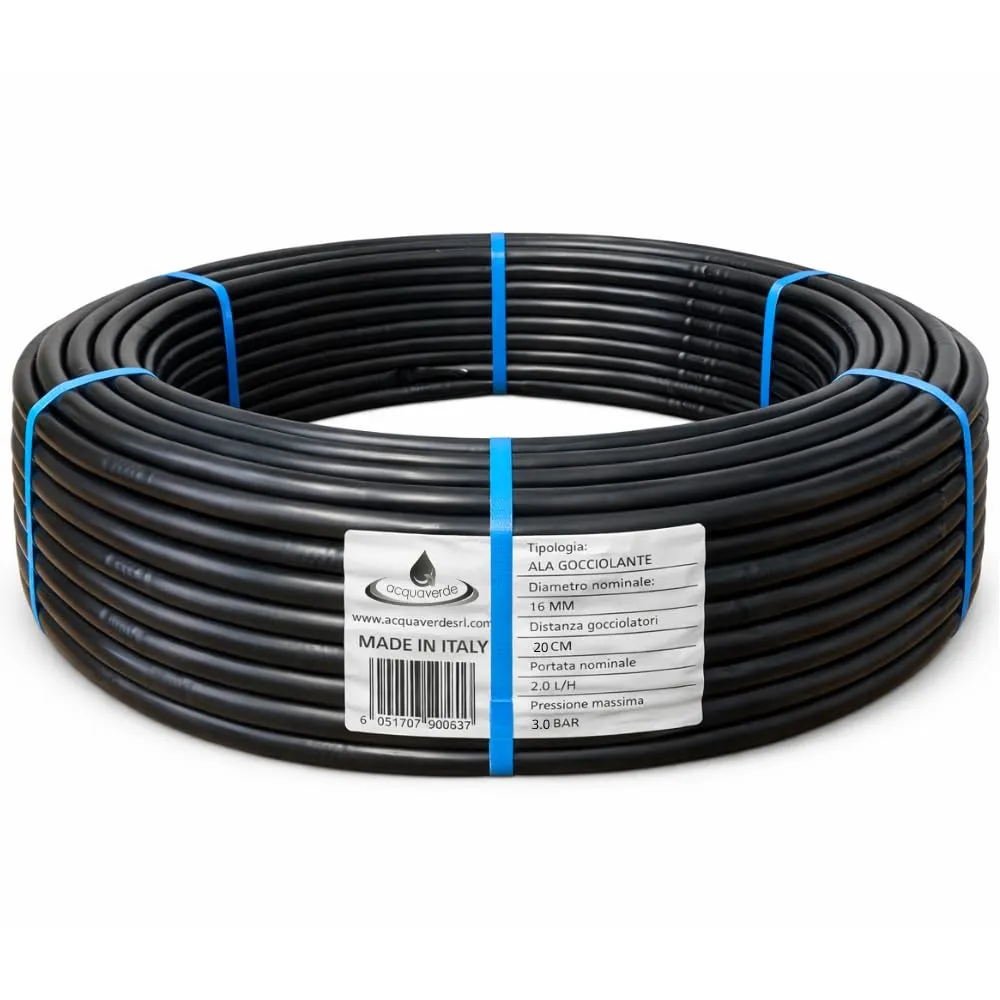 acquaverde | Ala Gocciolante ø 16 mm Passo 20 cm con Gocciolatore Doppio Foro 2 L/H SUPER, Rotolo da 50 mt, Tubo In Polietilene per Irrigazione a Goccia Automatica, Nero - Orto Facile