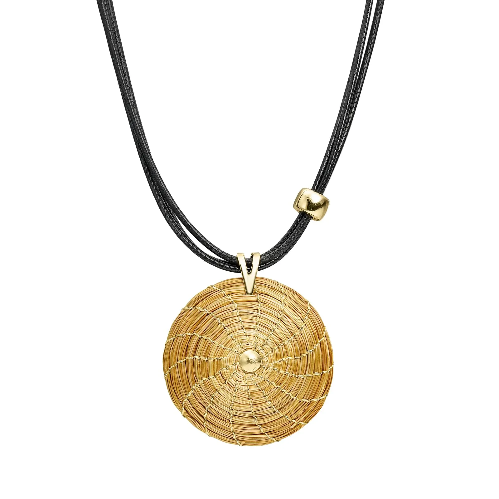 VERA NAVARRO - Collana Pendente Mandala Aperto Dorato in Oro Vegetale Ø 30 mm - Catena a Triplo Filo Cerato 42 cm con Prolunga - 100% Naturale Fatto a Mano
