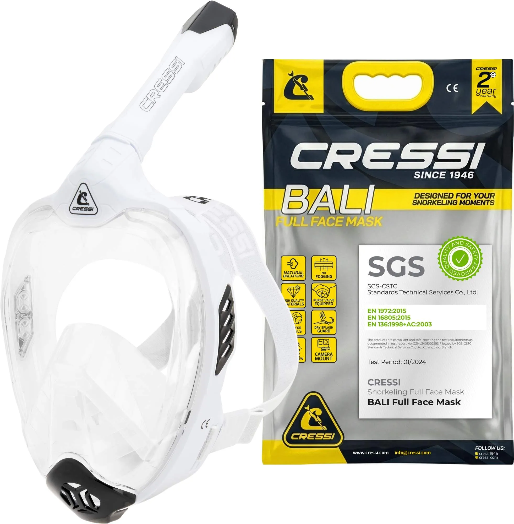 CRESSI Bali Full Face Mask White/Black S/M-Maschera Snorkeling Integrale Unisex, Lente Ultra Chiara AntiFog, 100% Silicone, Snorkel Dry con Valvole Sicurezza, Cinturino Regolabile, Bianco/Nero, S/M
