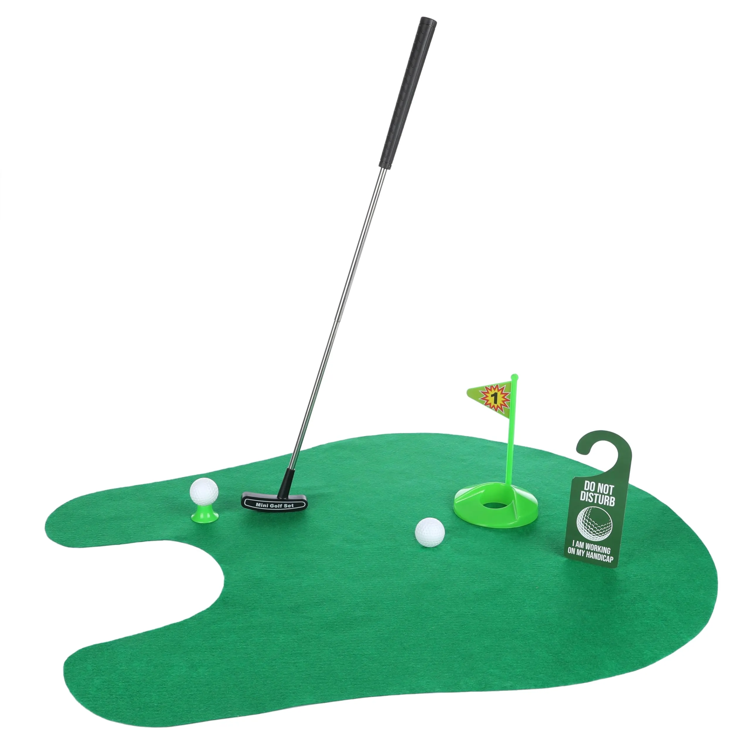 FunX Set regalo per golf, divertente mini golf, regalo da uomo, per il bagno con tappetino da putting, 7 pezzi