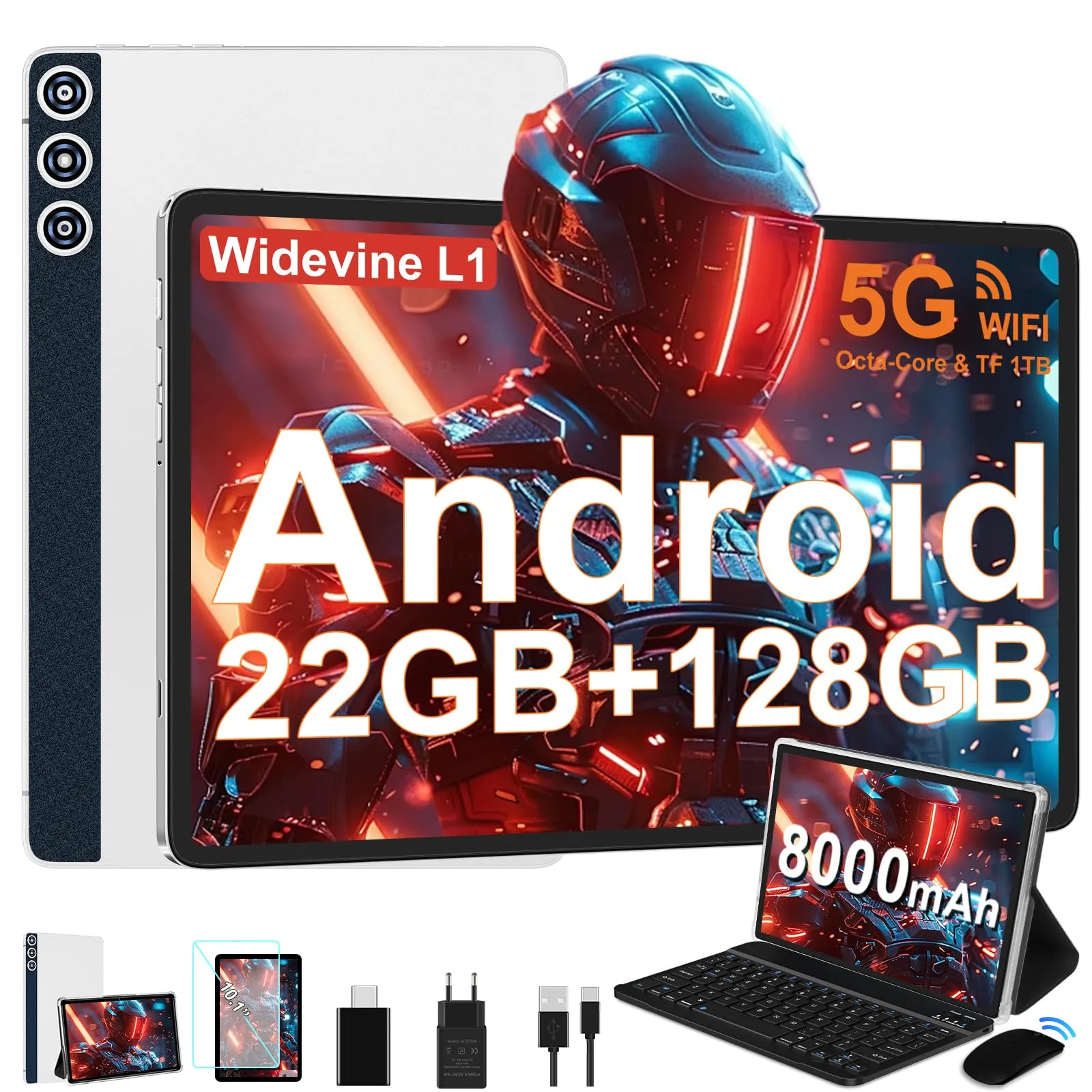 DMOAO Tablet Android 14 con 22GB RAM+128GB ROM(1TB TF), Tablet 10 Pollici con Widevine L1, Octa-Core 2.0GHZ, 5G Wi-Fi, GPS, 8000mAh, 8MP+5MP, Bluetooth 5.0, USB-C,con Tastiera, Argento