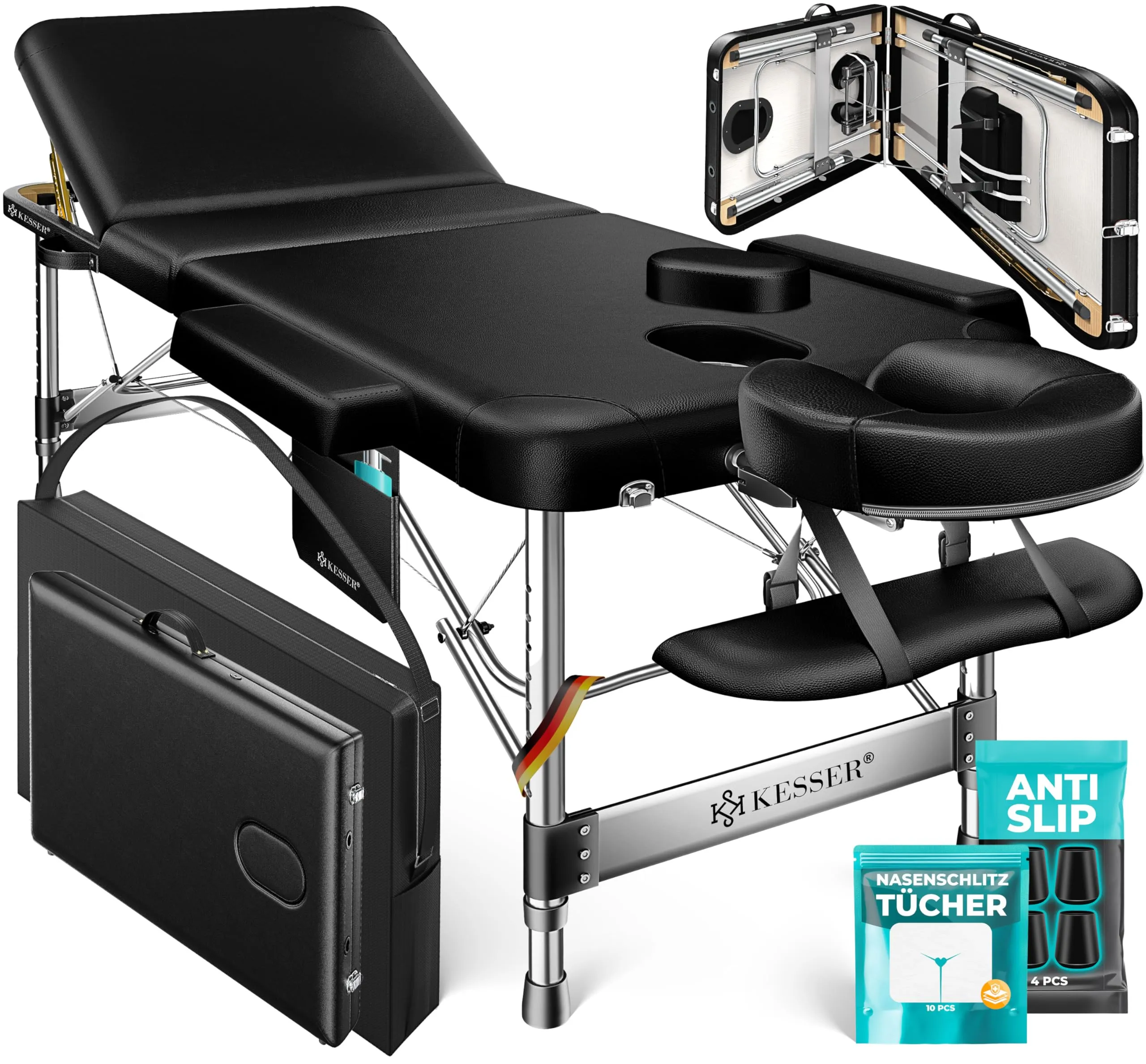 KESSER® Lettino da massaggio mobile pieghevole e regolabile in altezza a 3 zone Lettino da massaggio Lettino cosmetico Lettino terapeutico largo Alluminio + 10x poggiafaccia