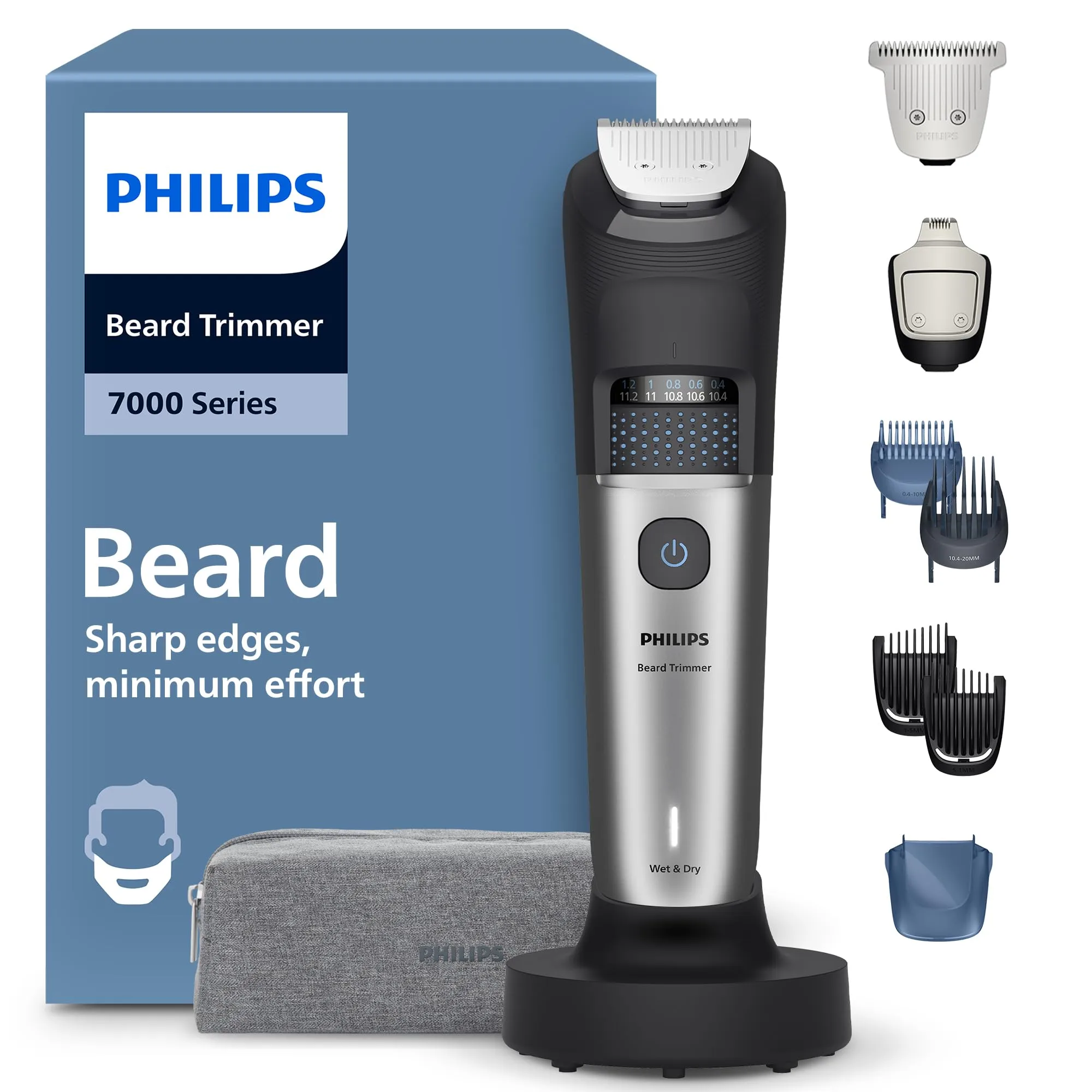 Regolabarba Philips serie 7000 - Lame in metallo autoaffilanti, 40 impostazioni di lunghezza, tecnologia BeardSense, raccoglitore per peli, 100% impermeabile, rifinitore ampio, modello BT7670/15