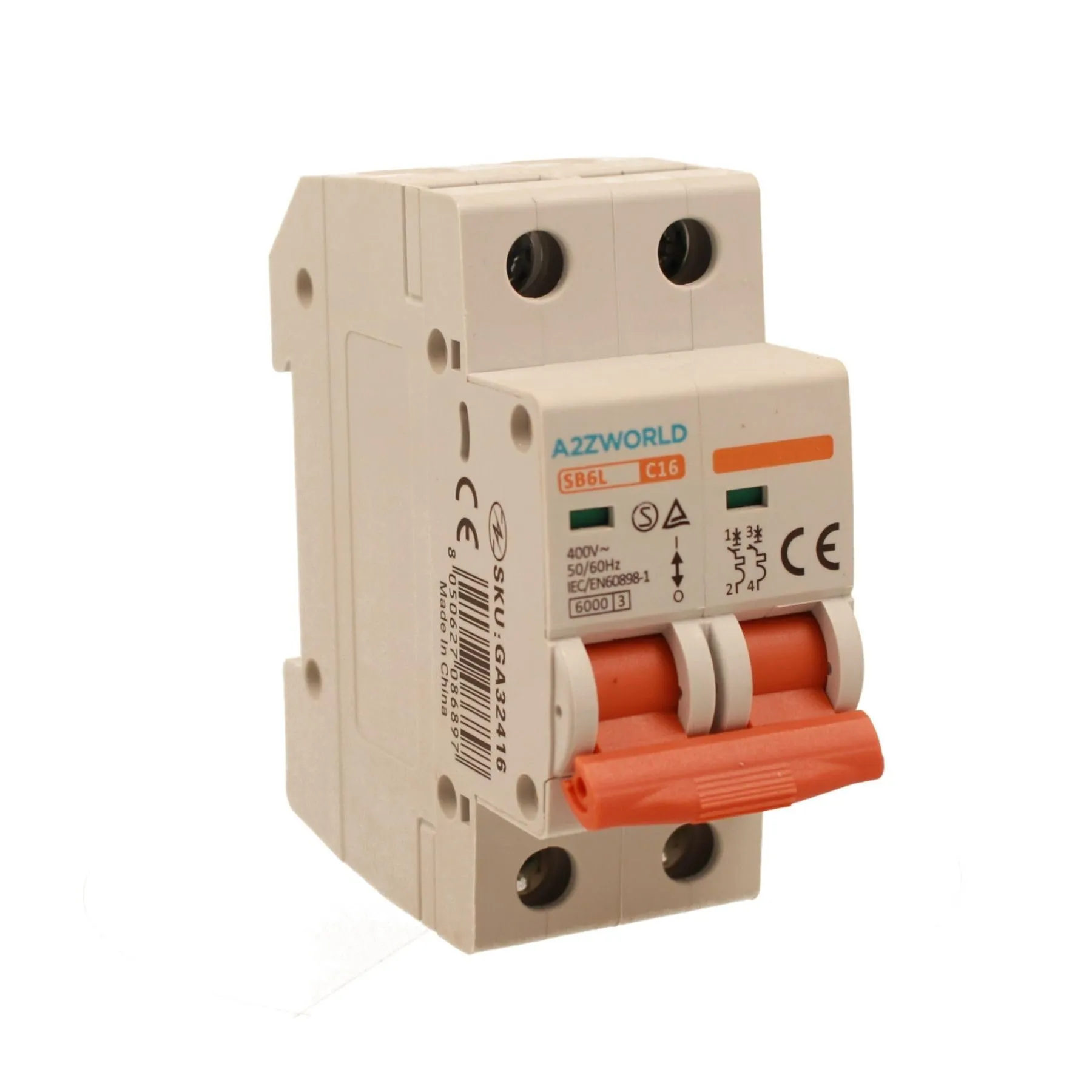 Interruttore Magnetotermico 16A C16, Bipolare 2P, Curva C 6kA, 2 Moduli DIN 220V AC, Certificato IEC60898-1, Serie SB6L