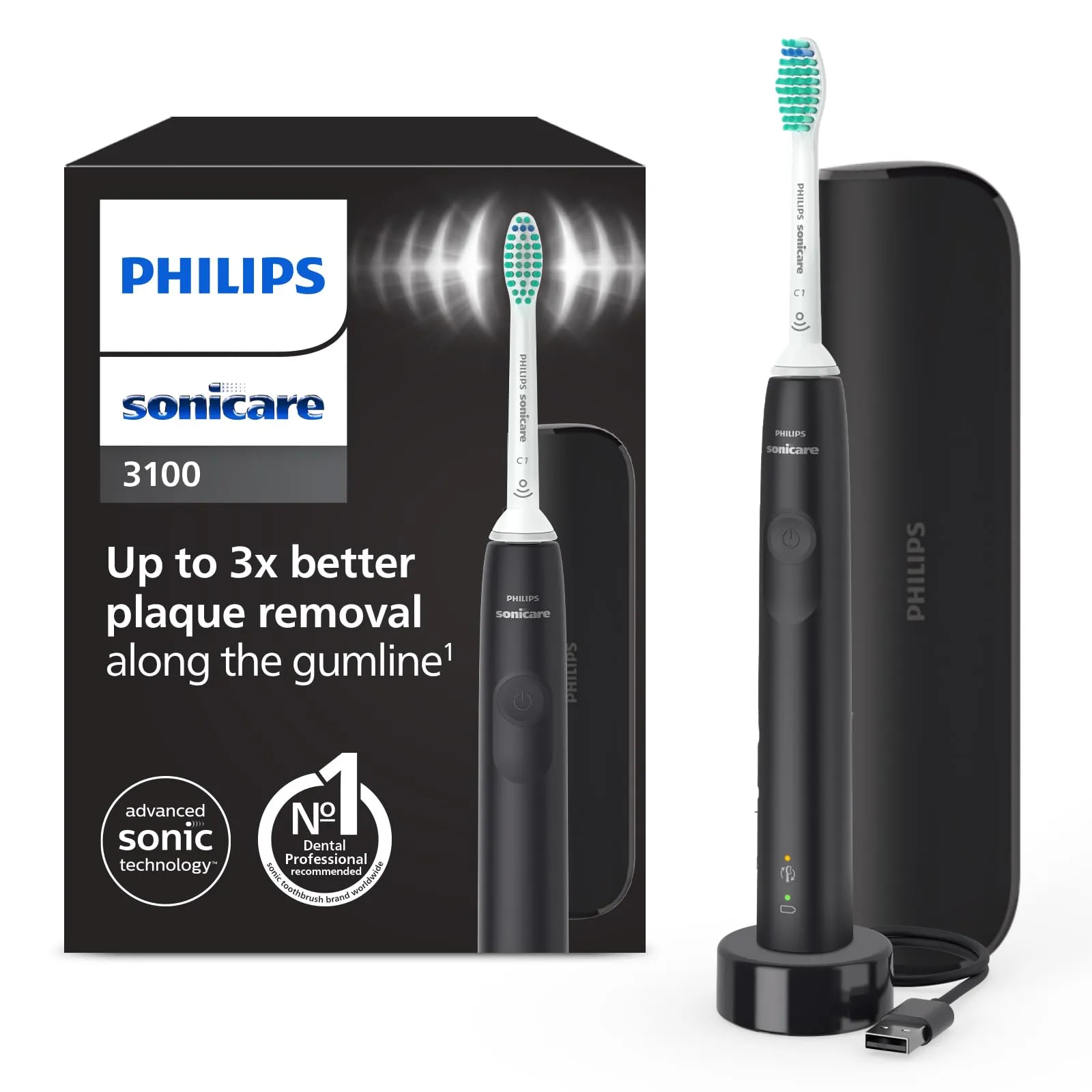 Philips Sonicare 3100 spazzolino elettrico sonico, sensore di pressione e timer, custodia da viaggio, colore nero, HX3673/14, Sonicare 3100, Nero