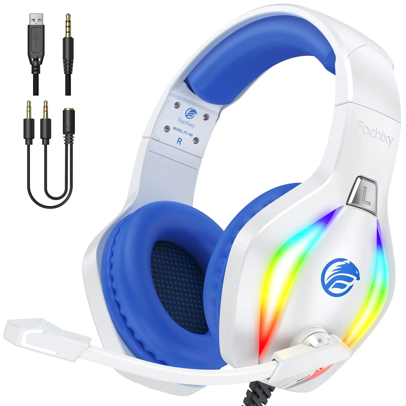 Fachixy FC100 Cuffie Gaming per PS4, PS5, PC, Xbox, Nintendo Switch, con Luce RGB, con Microfono, Audio Stereo, con Cancellazione Del Rumore con filo