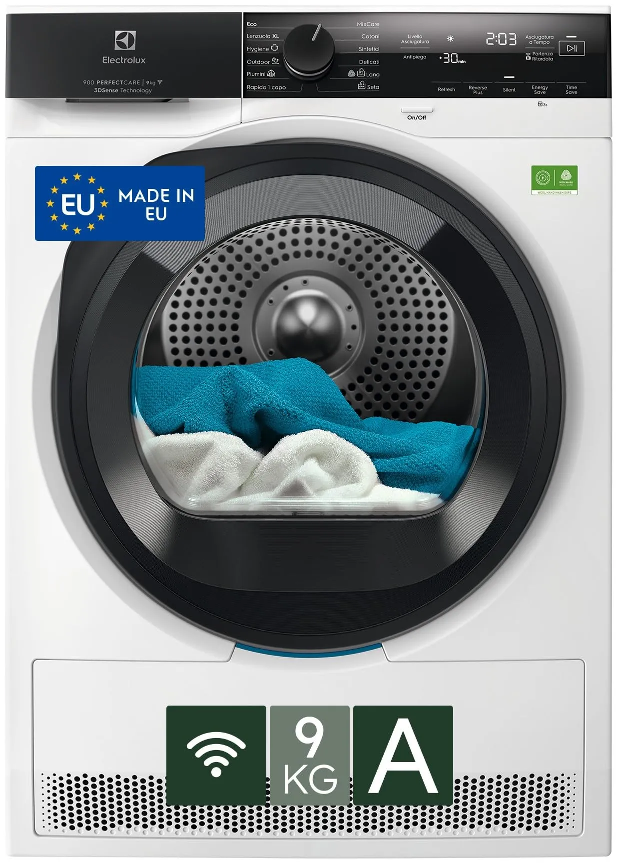 Electrolux Serie 900 PerfectCare, Asciugatrice a Pompa di Calore, 9 kg, EW9H4Y9A, Classe A, 12 Programmi, Connettività Smart App, Tecnologia 3DSense, Filtro EcoFlow, 60 dB, 850x596x636 mm