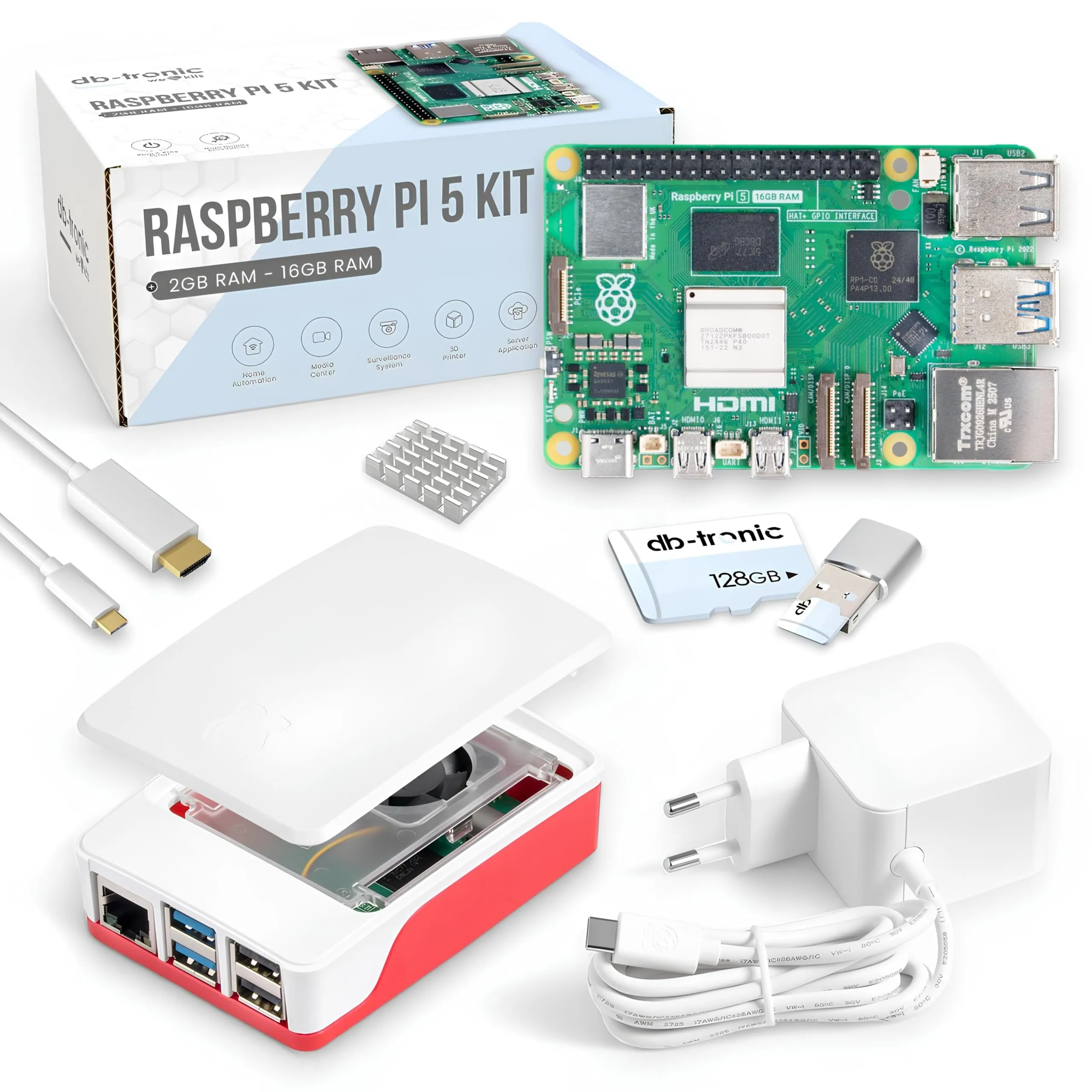 Raspberry Pi 5 16 GB Starter Kit | Alimentatore Ufficiale USB-C 27 W | Alloggiamento Ufficiale con Ventola | Scheda di memoria da 128GB | Lettore di schede USB | Cavo Micro HDMI