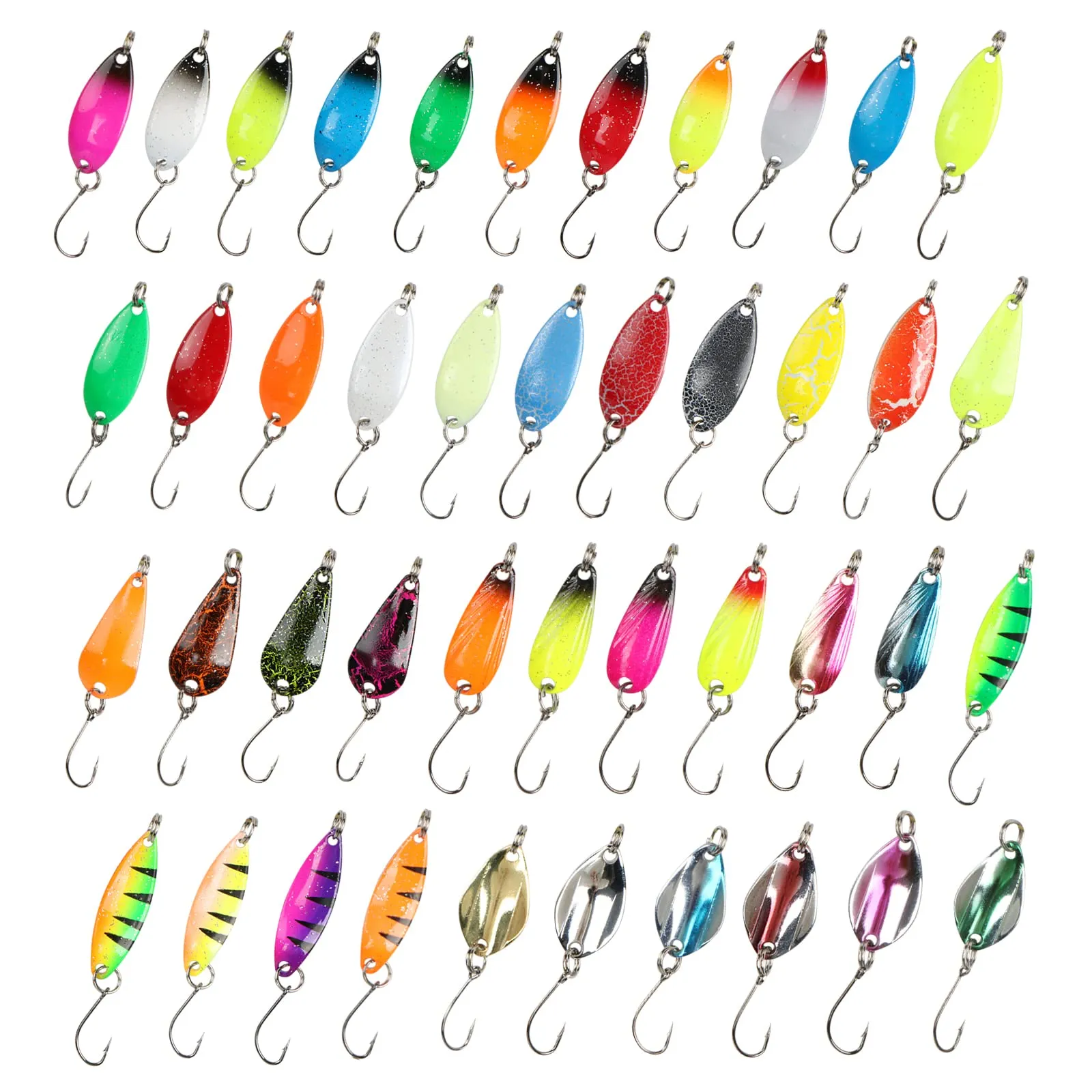 Cucchiaini da Pesca Esche Artificiali 43 Pezzi, Fishing Set, Kit con scatola, spoon per trote, trout area, Multicolore
