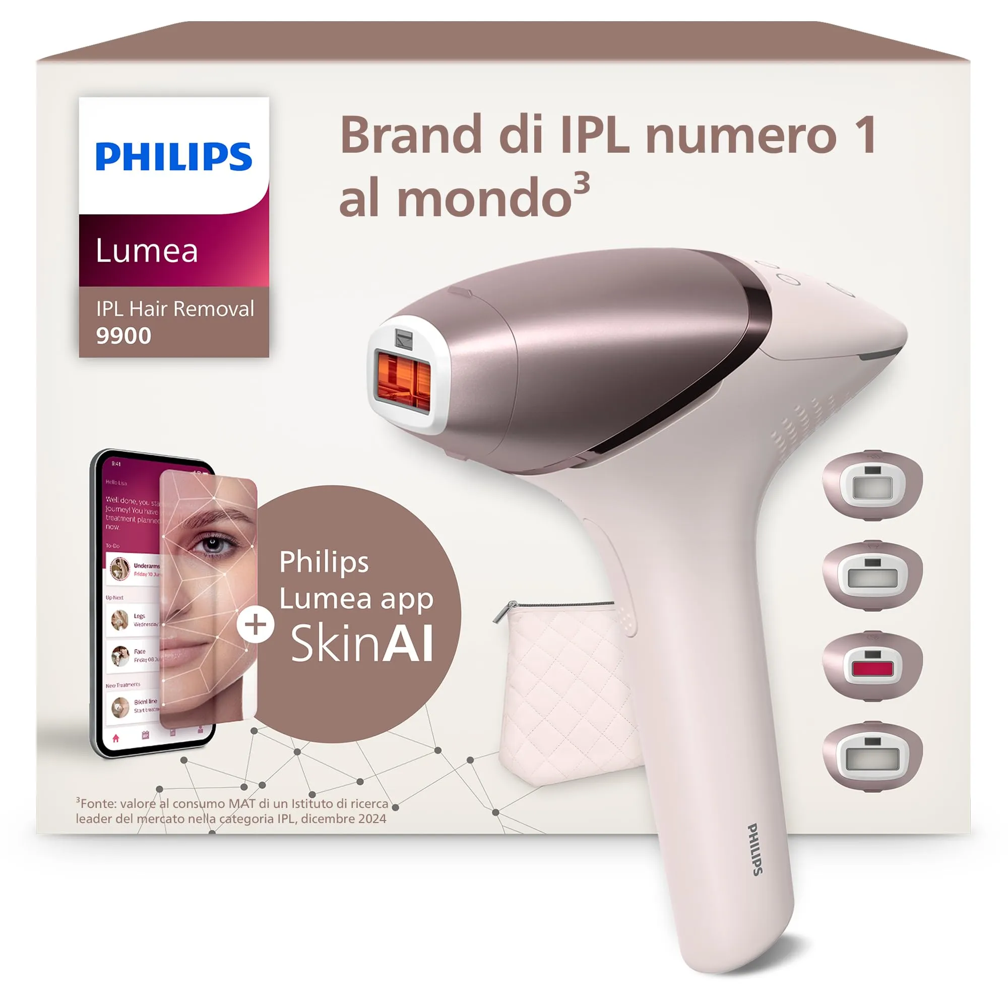 Philips Lumea Series 9900, dispositivo di epilazione IPL con tecnologie SenseIQ e SkinAI, 4 accessori per viso, corpo, ascelle e zona bikini, con filo e senza filo, modello BRI951/00