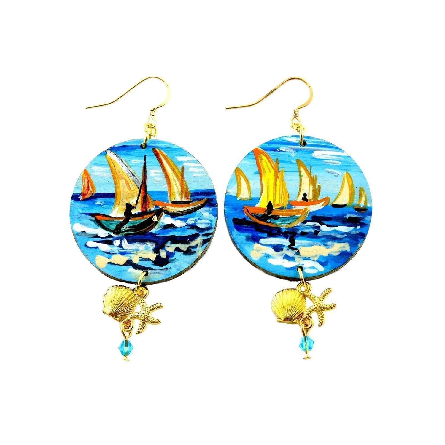 Orecchini dipinti a mano – PAESAGGIO MARINO DI VAN GOGH - Orecchini pendenti da donna, Gioielli in legno, Gancio in argento, Made in Italy, Bijoux da donna decorati, Lavorazione Artigianale