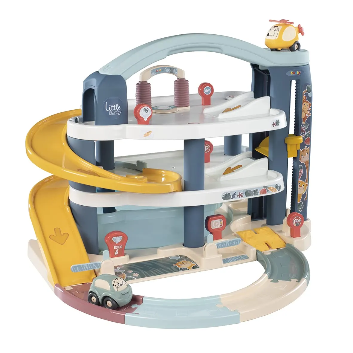 Little Smoby - Garage Grande - 3 Livelli - Auto ed Elicottero Inclusi - Mega Rampa, Pompa di Carburante, Eliporto e Altri Accessori - Dai 18 Mesi - Prodotto in Francia
