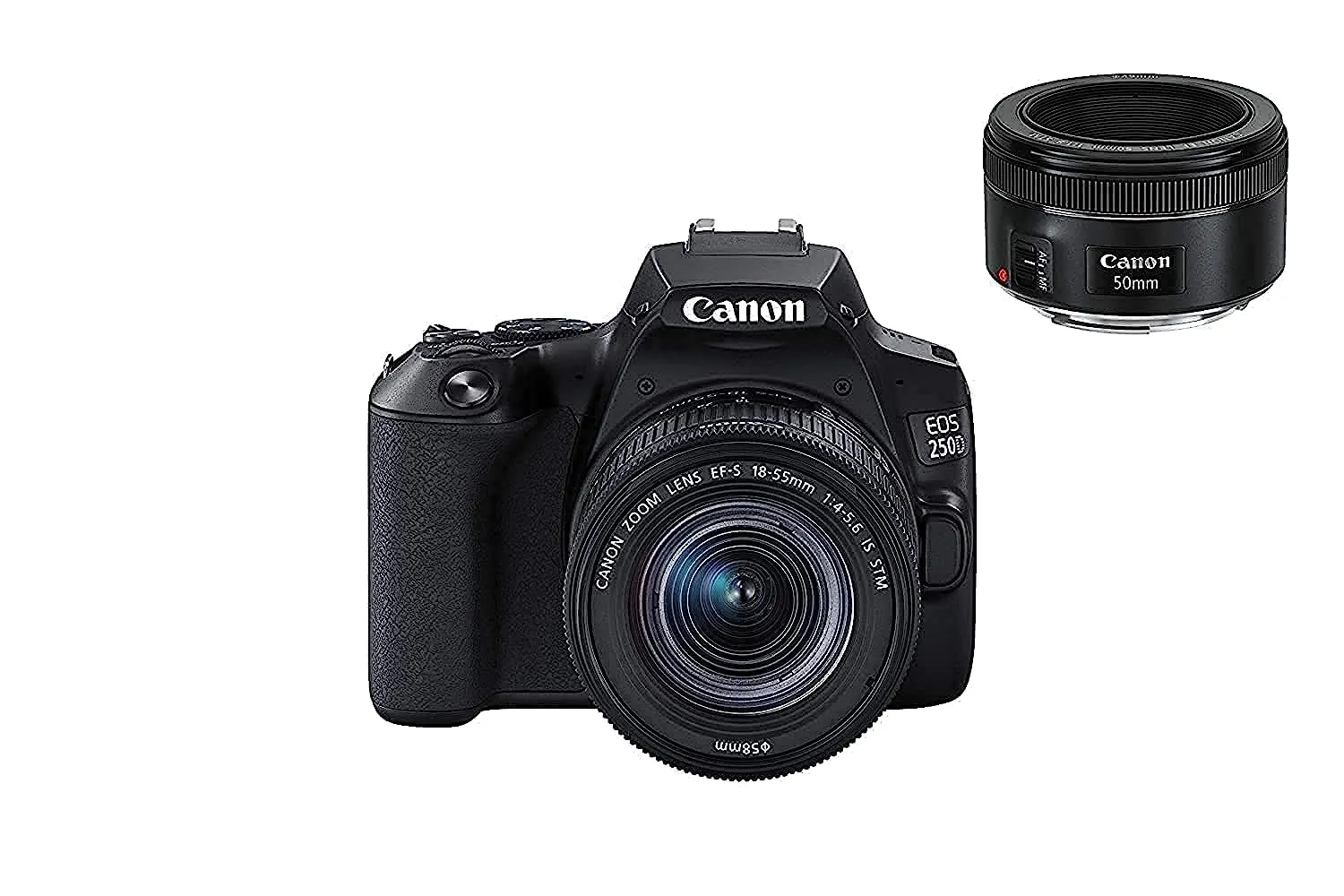 Canon EOS 250D - Fotocamera digitale con obiettivi EF-S 18-55 mm F4-5.6 IS STM + EF 50 mm F1.8 STM (24,1 MP, 7, 7 cm (3"), sensore APS-C, 4K, Full HD, DIGIC 8, WLAN, Bluetooth), nero