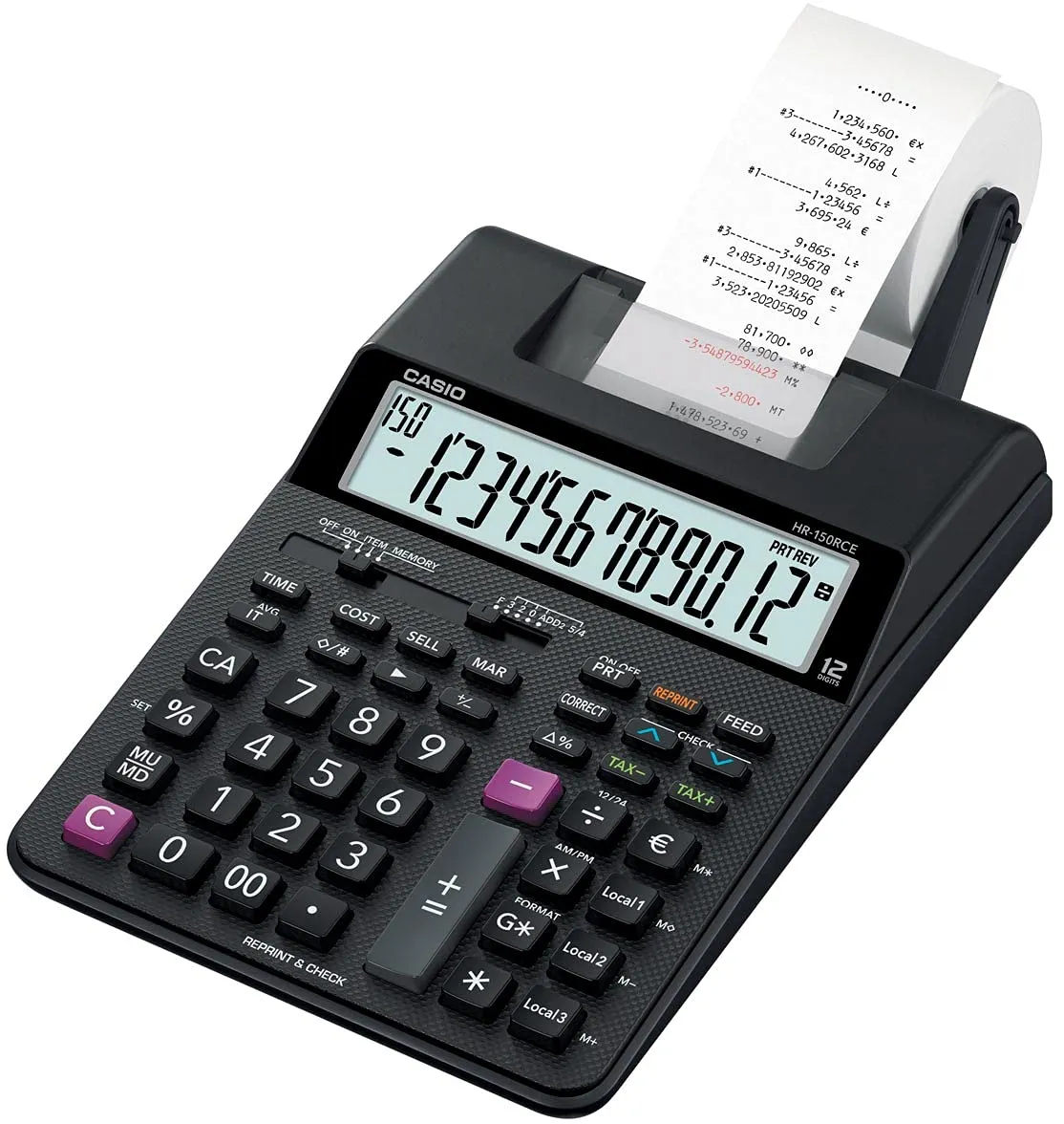 CASIO HR-150RCE Calcolatrice scrivente portatile, Display a 12 cifre, Stampa 2.0 righe/sec., Nuove funzioni check & correct, Funzioni After print e re-print