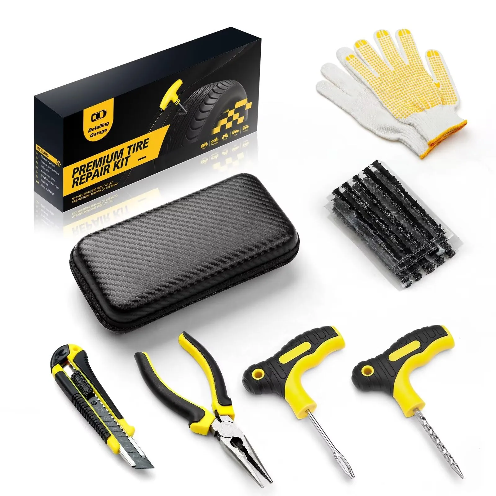 Kit di riparazione per pneumatici sgonfi - 27 pezzi - Kit di tappi per foratura e toppe con custodia, kit di toppe per pneumatici portatile con sigillante, ideale per auto, camion, moto, bici