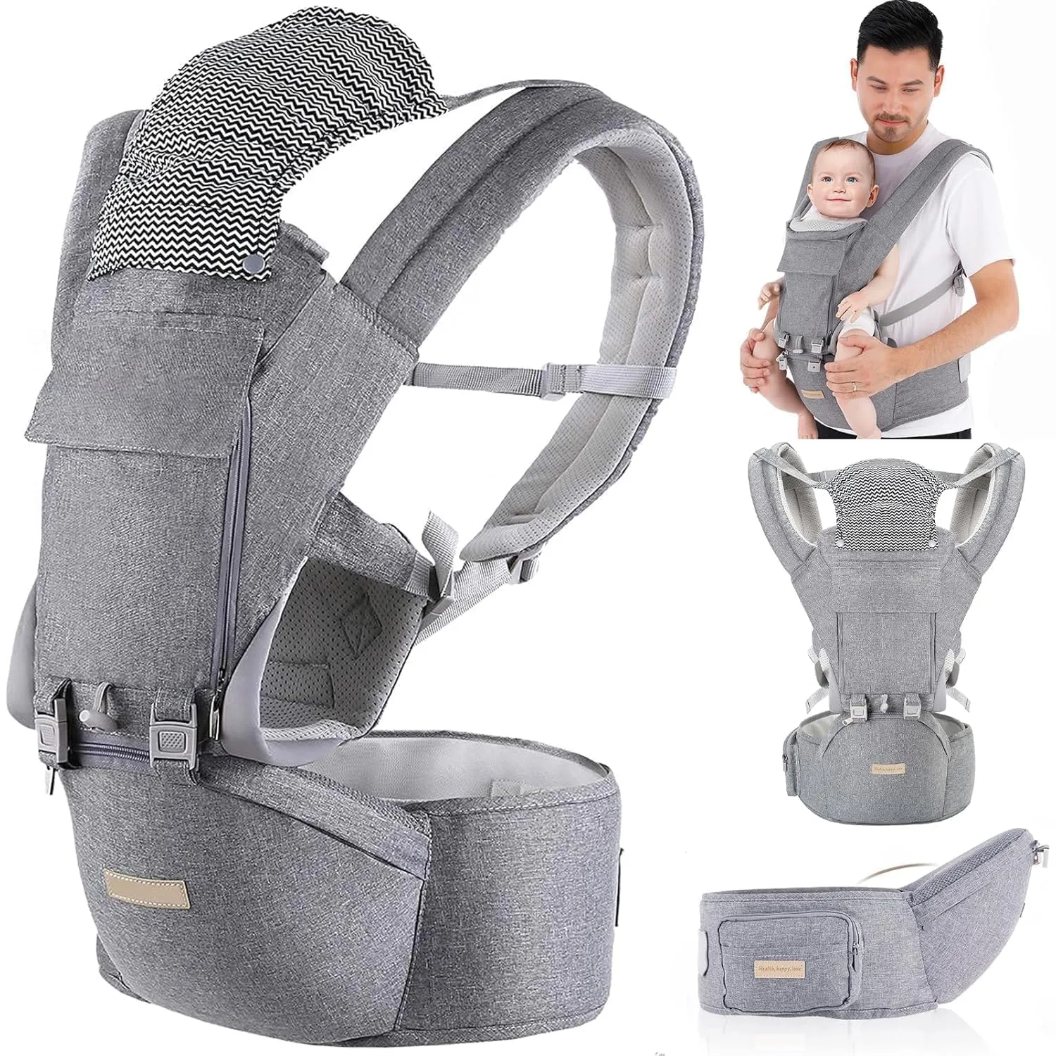 Fascia Neonato, 9-in-1 Regolabile Marsupio Neonati Ergonomico, Confortevole e Leggero, Sedile con Supporto Lombare, Marsupio Bambino da 0-36 Mesi, Ideale per Genitori a Mani Libere, Grigio