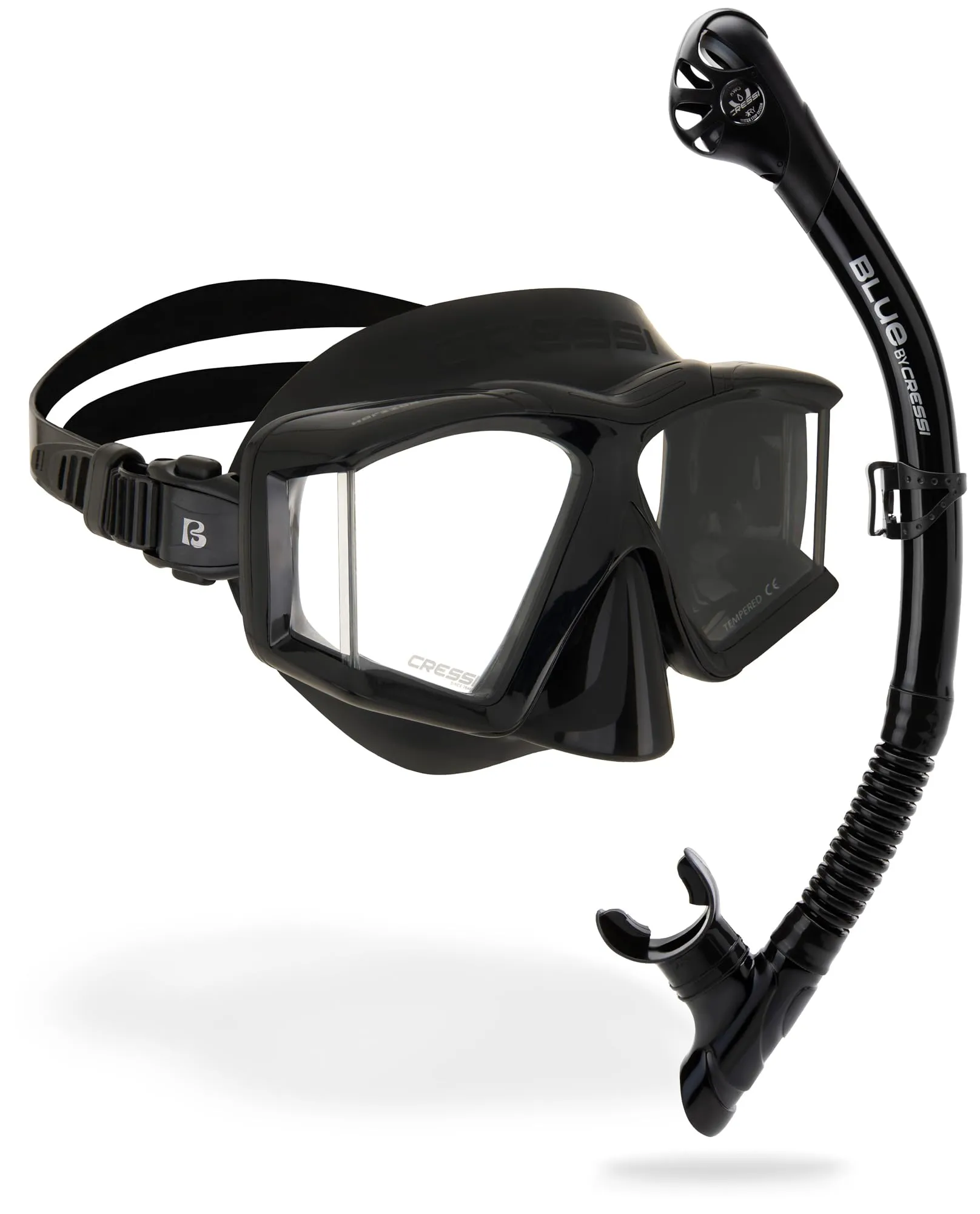 CRESSI Horizion+Scilla Combo Black/Black - Set Maschera Horizon 4 Vetri Temperati Separati e Snorkel Scilla Top Dry Valve System per Immersioni e Snorkeling, Nero/Nero, Unisex