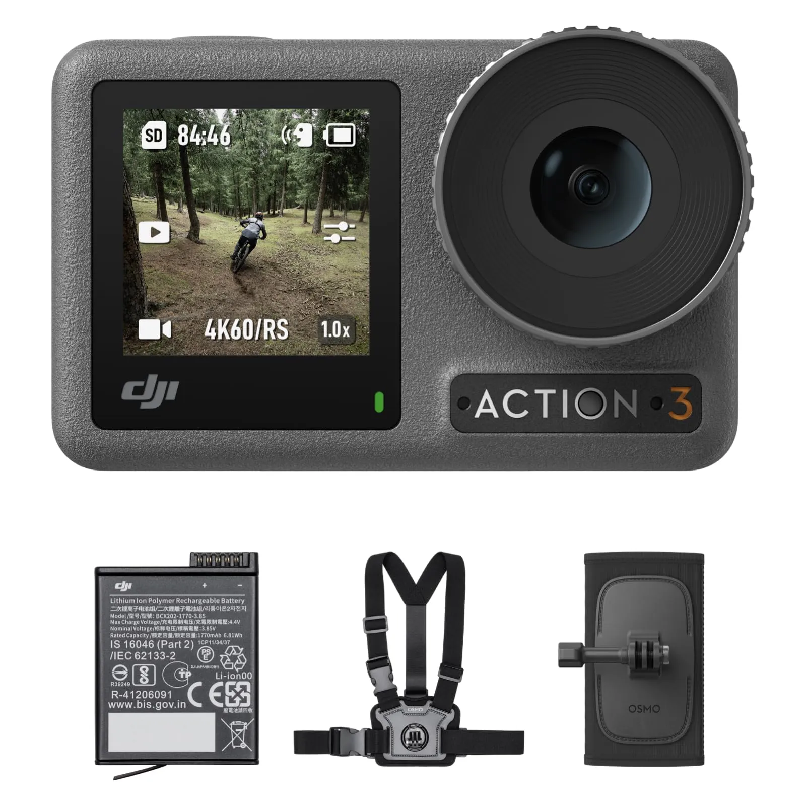 DJI Osmo Action 3 Outdoor Combo - Action cam 4K/120 fps con cintura pettorale e da zaino per escursioni e ciclismo, FOV ampissimo, HorizonSteady, resistente al freddo, fino a 320 min con 2 batterie