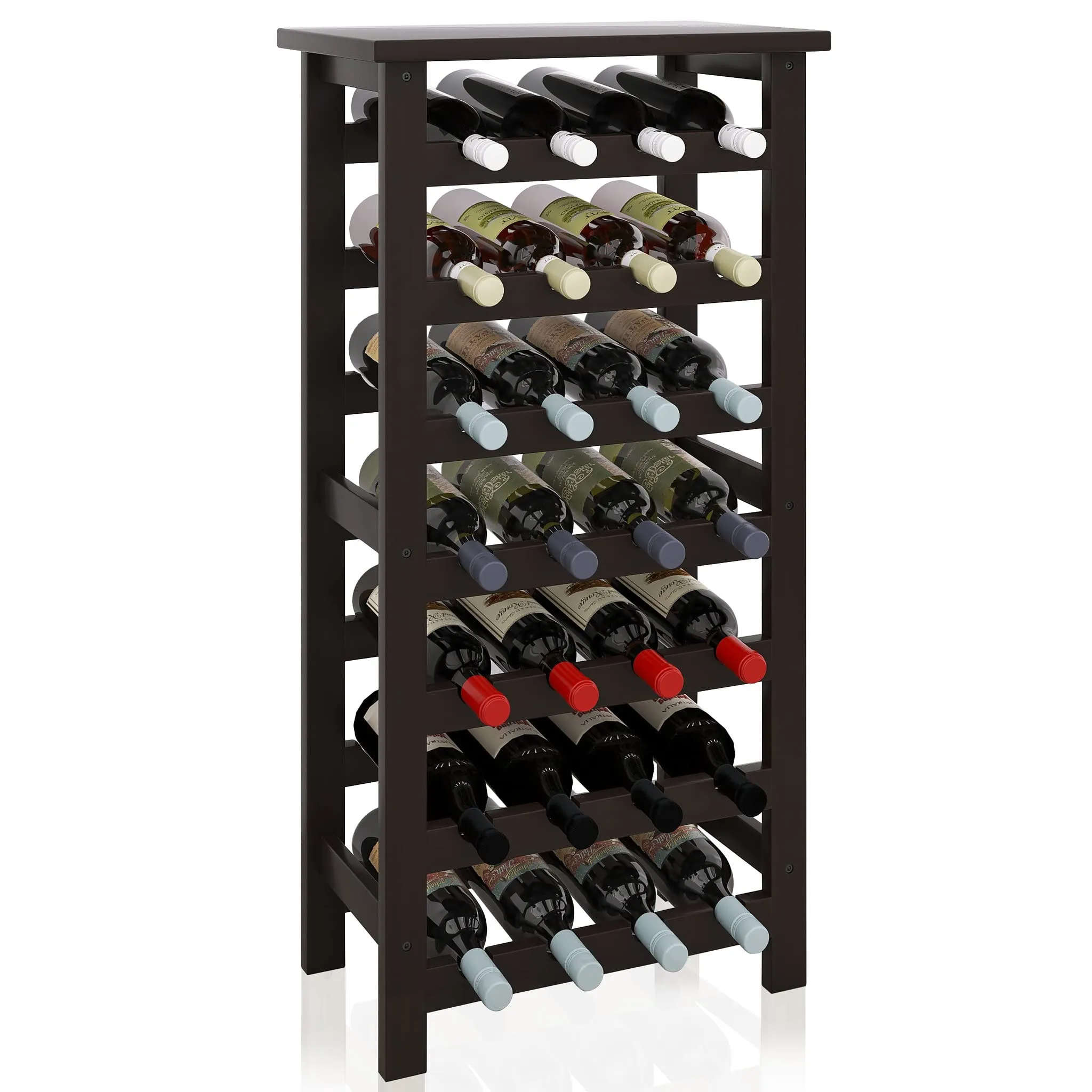 SMIBUY Portabottiglie in bambù, Portabottiglie da 28 Bottiglie con Piano da Tavolo, Ripiani Portaoggetti Autoportanti a 7 Livelli per Cucina, Dispensa, Cantina, Bar (Marrone Scuro)