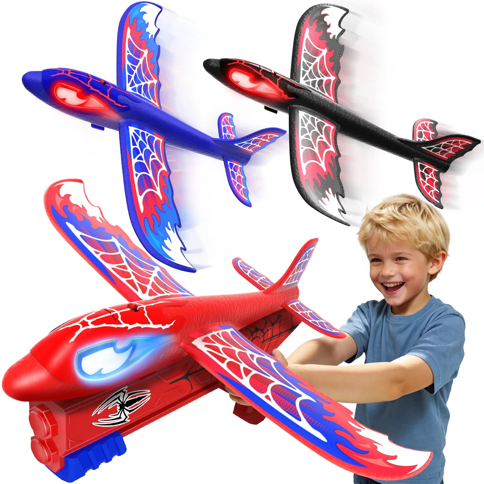 Aereo Giocattolo con 3 Aereo Polistirolo con Luminoso Occhi & Ali Ragnatela, Spider Giocattoli Giochi Bambino 3 4 5 6 7 8 9 Anni, Gioco Bimbo Regalo Bambini 3-12 Anni Maschio Natale Compleanno Regali