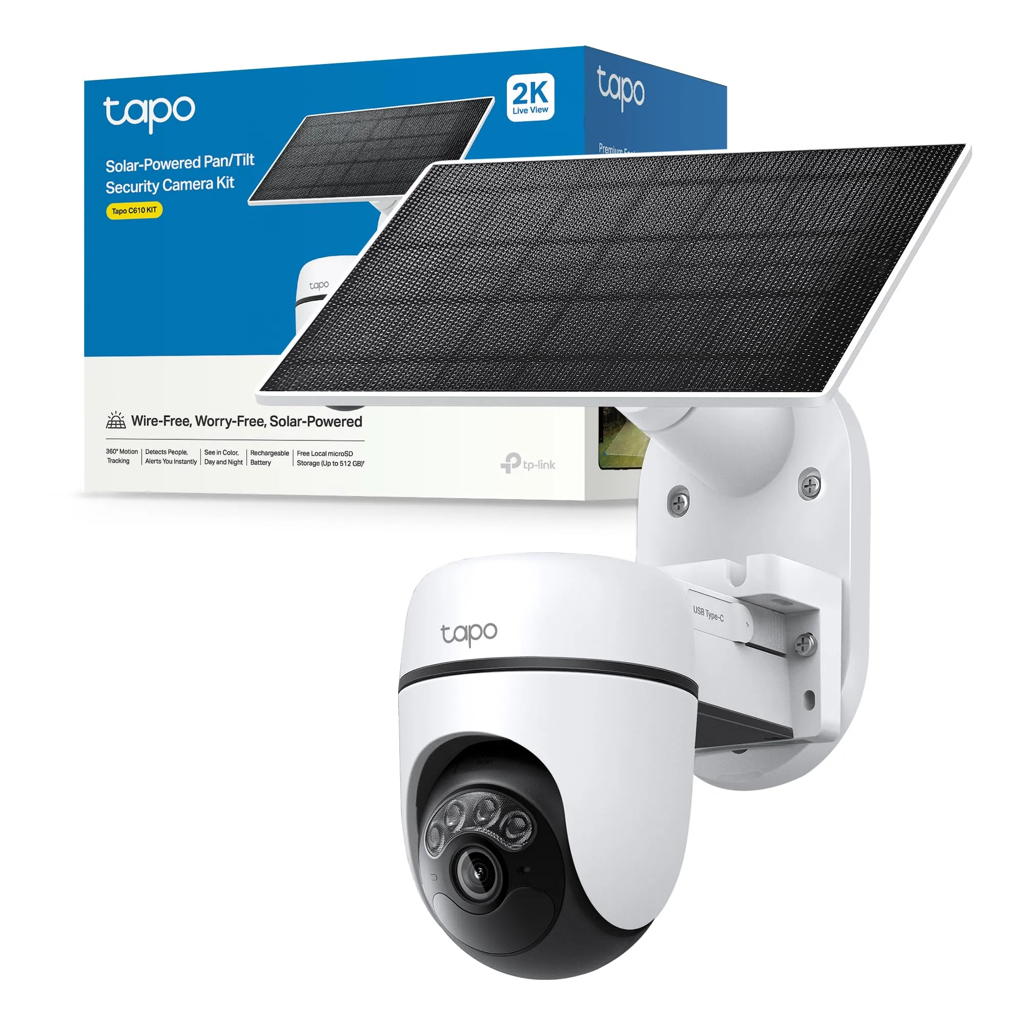 Tapo C610 KIT 2K 3MP Telecamera Wifi Esterno Senza Fili con Pannello Solare, 360° PTZ Videocamera Sorveglianza a Batteria 6700mAh, Rilevamento Umano, Visione Notturna a Colori, Tracciamento AI, IP65