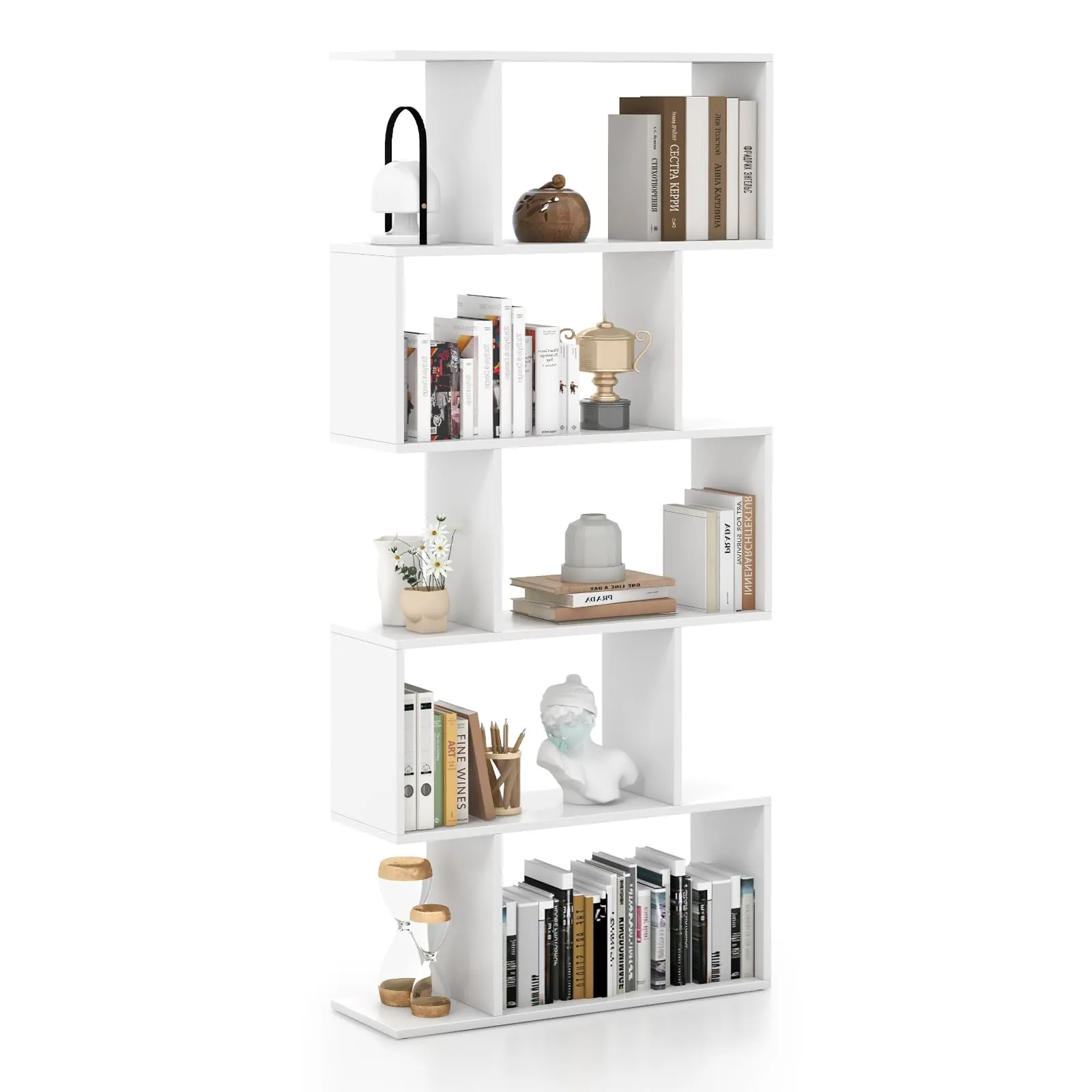 COSTWAY Scaffale a 5 Ripiani in Legno, Libreria Geometrica a Forma di S con Dispositivo Antiribaltamento, per Soggiorno Ufficio Camera da Letto, 70 x 23,5 x 158 cm (bianco)