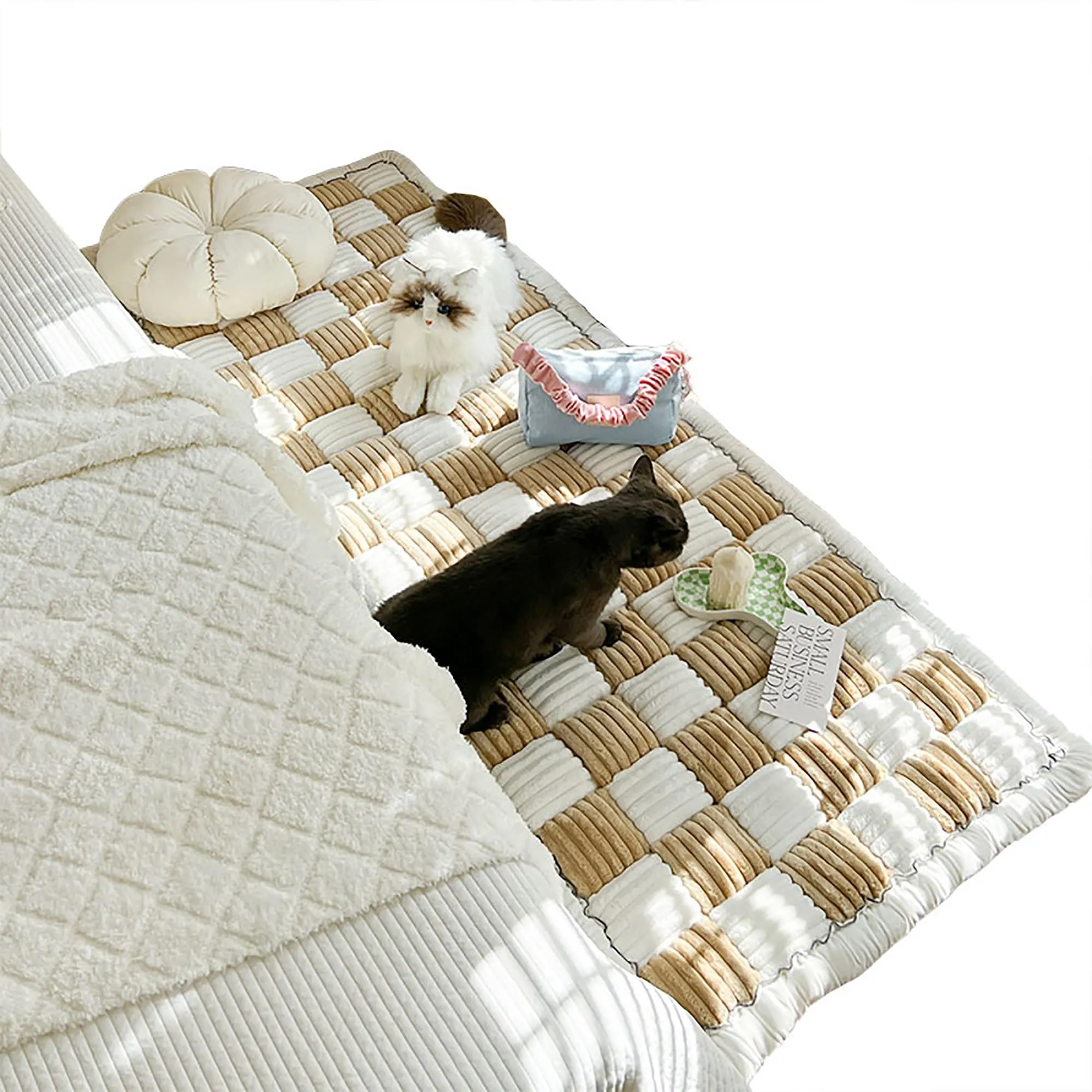 Funny fuzzy pet couch cover,Funnyfuzzy Cream-Coloured Large Plaid Square Pet Mat Bed Couch Cover,funny fuzzy dog bed, Dog Blankets for Large Dogs, Waterproof Blanket Dog Bed Cover Pet Blanket ( Color