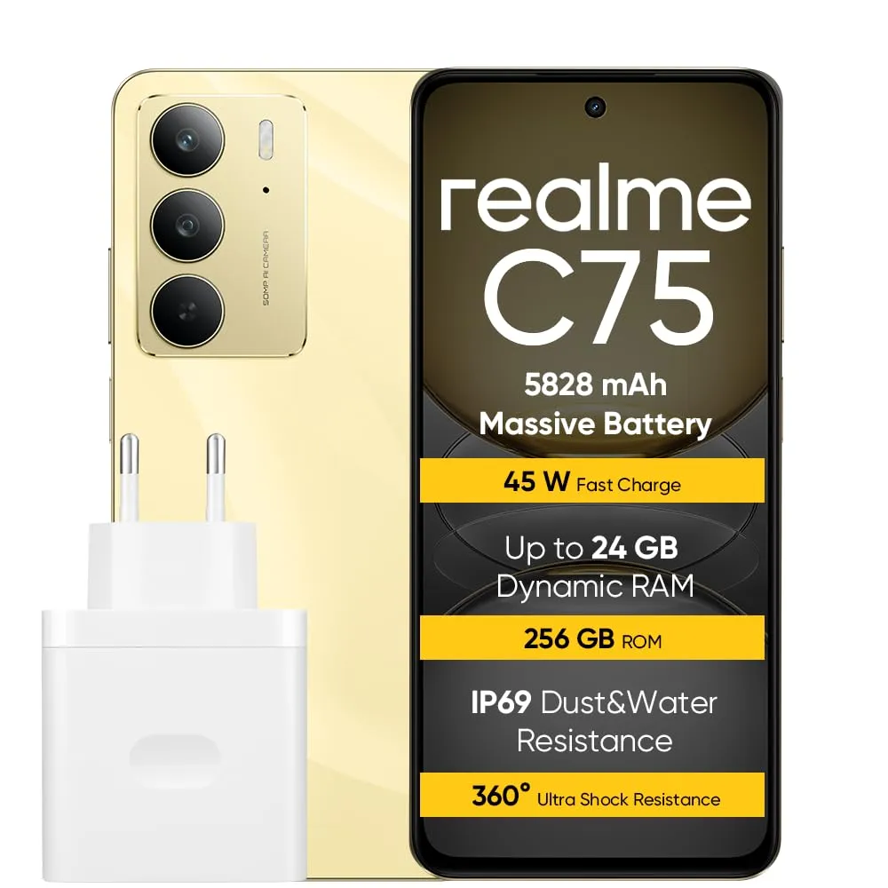 realme C75 Smartphone 8+256 GB, IP69,Batteria da 5828 mAh,Vetro ArmorShell™2,Fotocamera super nitida da 50 MP,Ricarica rapida da 45 W7, Gold(nessun adattatore)