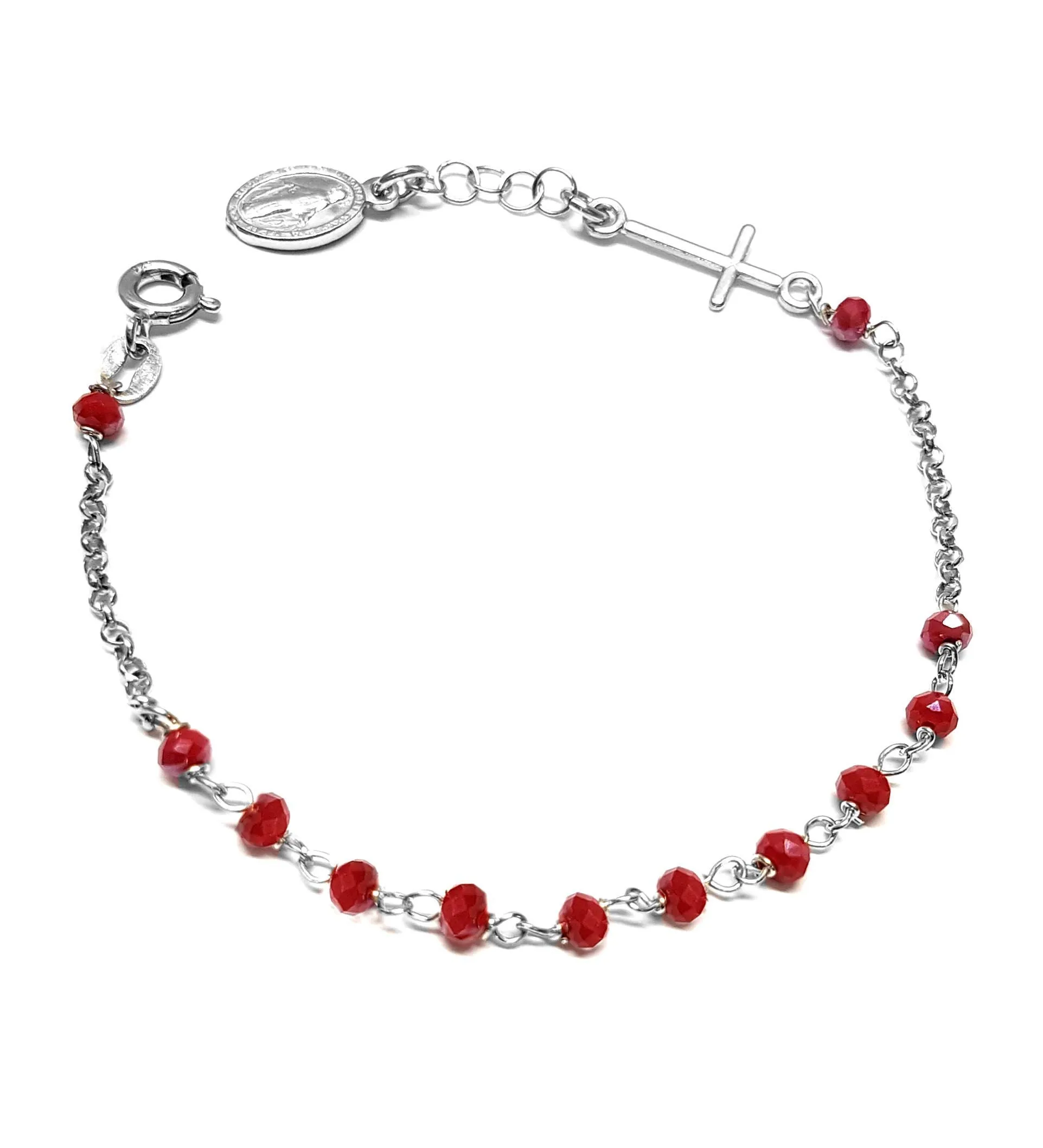 Linea Italia Gioielli - Bracciale Rosario in Argento 925 con Pietre Rosse, Croce e Medaglietta Madonna - Made In Italy
