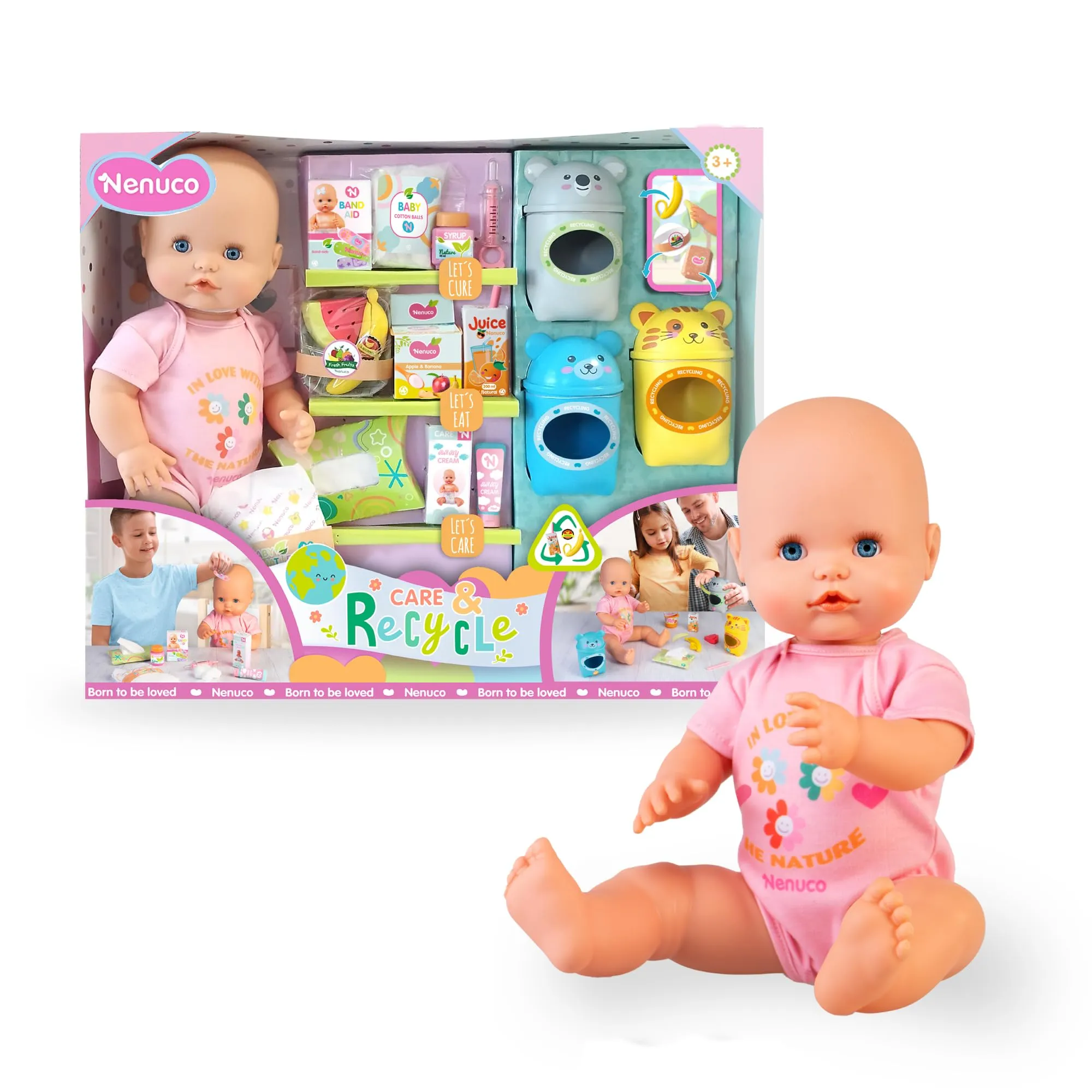 Nenuco Cura & Ricicla, Bambola 42 cm con corpo rigido, accessori per la pappa, per il cambio del pannolino e per la cura delle ferite, include 3 contenitori per il riciclo, +3 anni, Famosa (NFN98000)