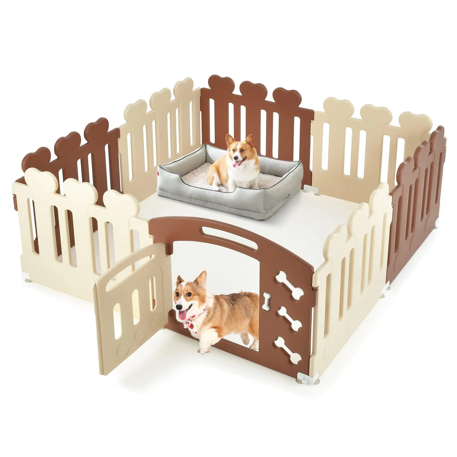 COSTWAY Recinto per Animali con 8 Pannelli, Cancelletto per Cani e Cognigli in HDPE con Porta, Chiusura e Angoli Sicuri, Cancello per Animali da Interno ed Esterno (Marrone e Beige)