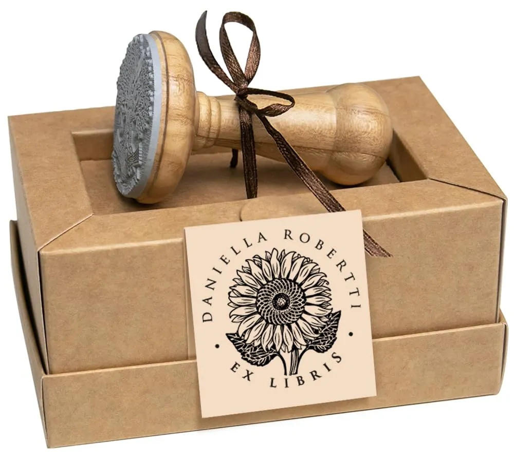Ex libris Timbro Girasole Pianta, Fiori Giganti, Helianthus Annuus, Timbri Personalizzati in Legno Rotondo 40mm, Scatole Regalo