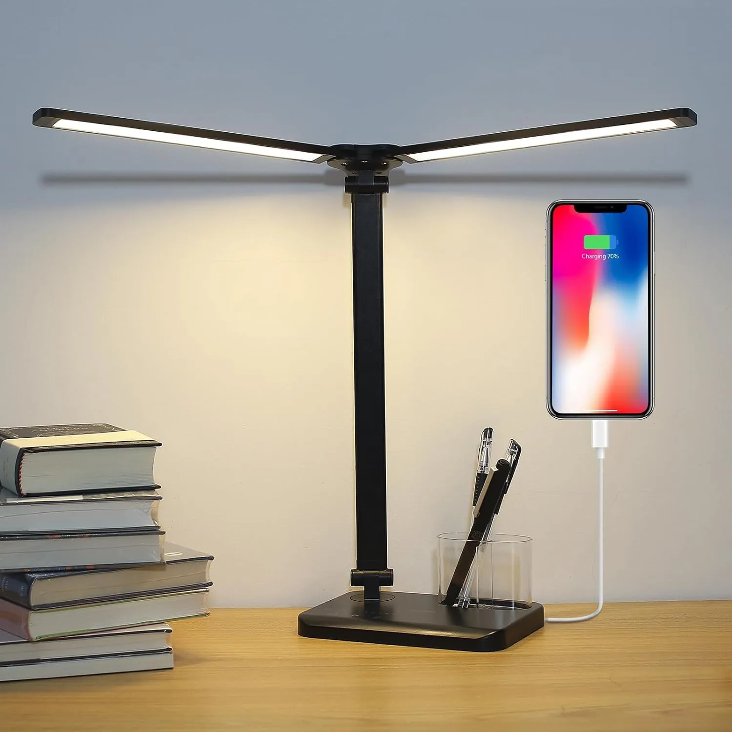 iVict Lampada Da Scrivania LED, 5 Modalità d'illuminazione 10 Livelli di Luminosità, Funzione di Memoria, Due Porte di Ricarica, Funzione Timer per Lettura, Cameretta, Ufficio, Bianca